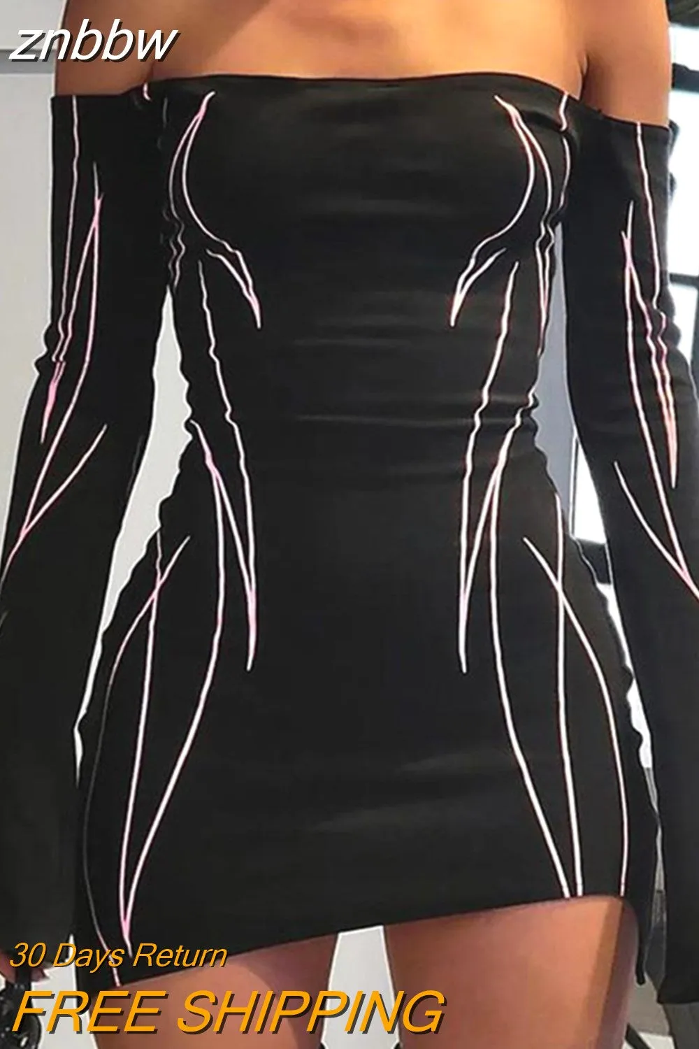 znbbw Printed Sexy Mini Dress Biker Style Long Sleeve Body-shaping Elegant Dresses For Women Spring Fashion Skinny Outfits y2k
