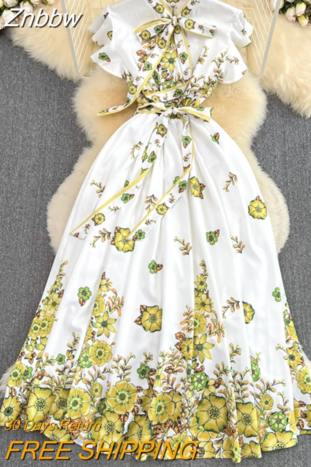 Znbbw Style Summer Bow Tie Collar Knee Length Dress Women's Flying Sleeve Floral Print Lace Up Belt Vintage A-Line Vestidos