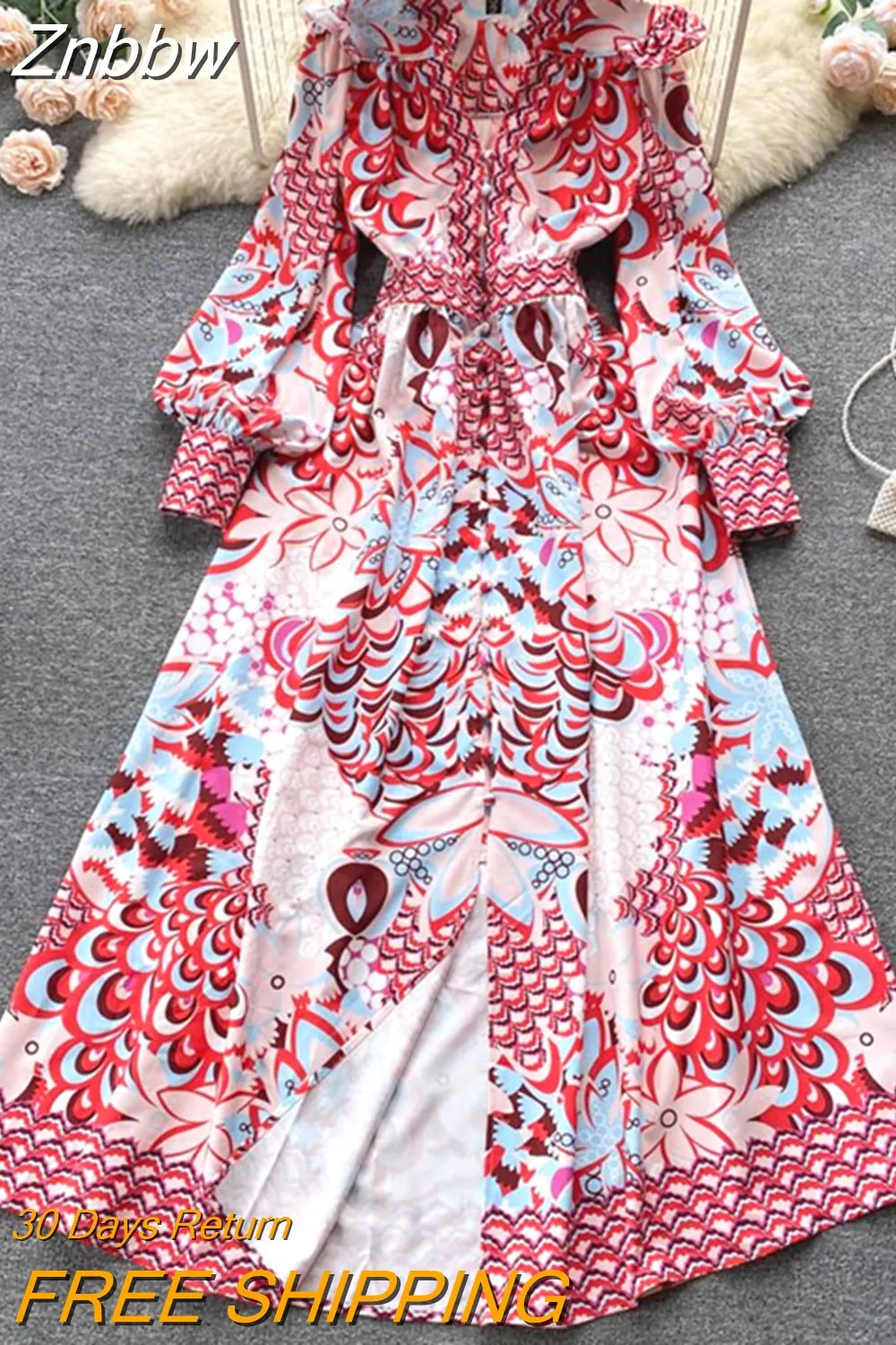 Znbbw Fashion Runway Maxi Dress Women's V-Neck Lantern Sleeve Floral Printed Elegant Single Breasted Pleated Party Vestido