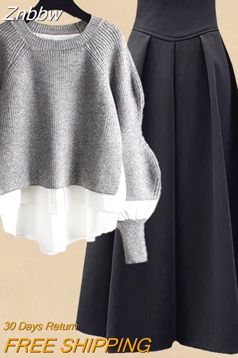 Znbbw Women Spring Autumn Two Pieces Sets Korean Long Sleeve Pullover Knitted Sweater And Pleated skirt Long Suit