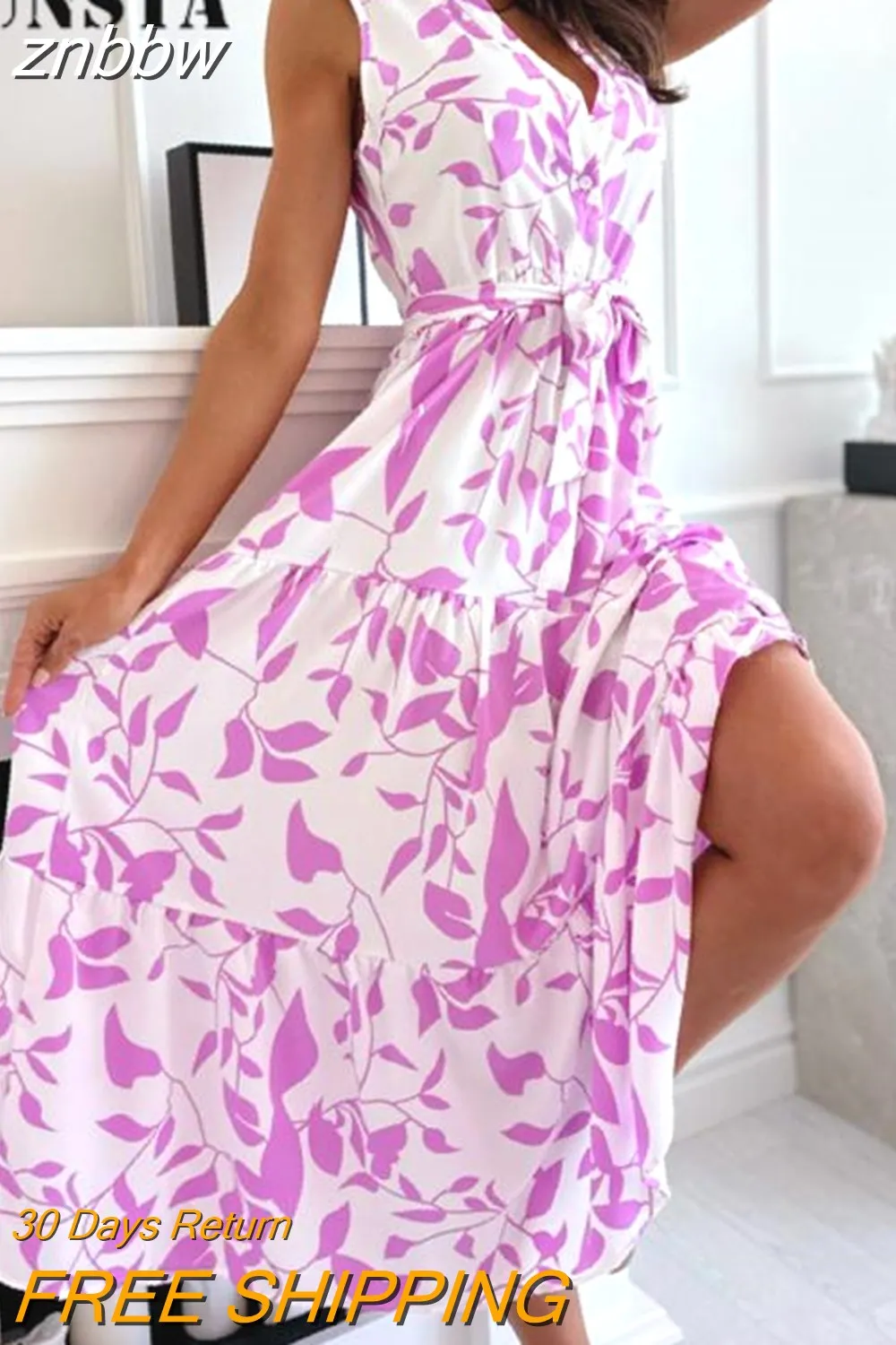 znbbw Women Elegant Buttoned Long Dress Vestidos Fashion Summer Commute Ladies Print Dress Casual Sleeveless Lace-Up Slim Floral Dress