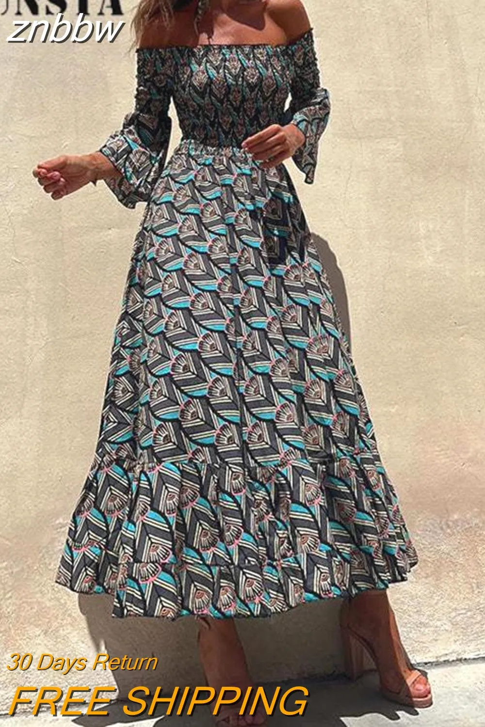 znbbw Women Backless Flare Sleeve Print Slim Dress Sexy Pleat Ruffle Maxi Dresses Summer Retro Elegant Elastic Slash Neck Party Dress