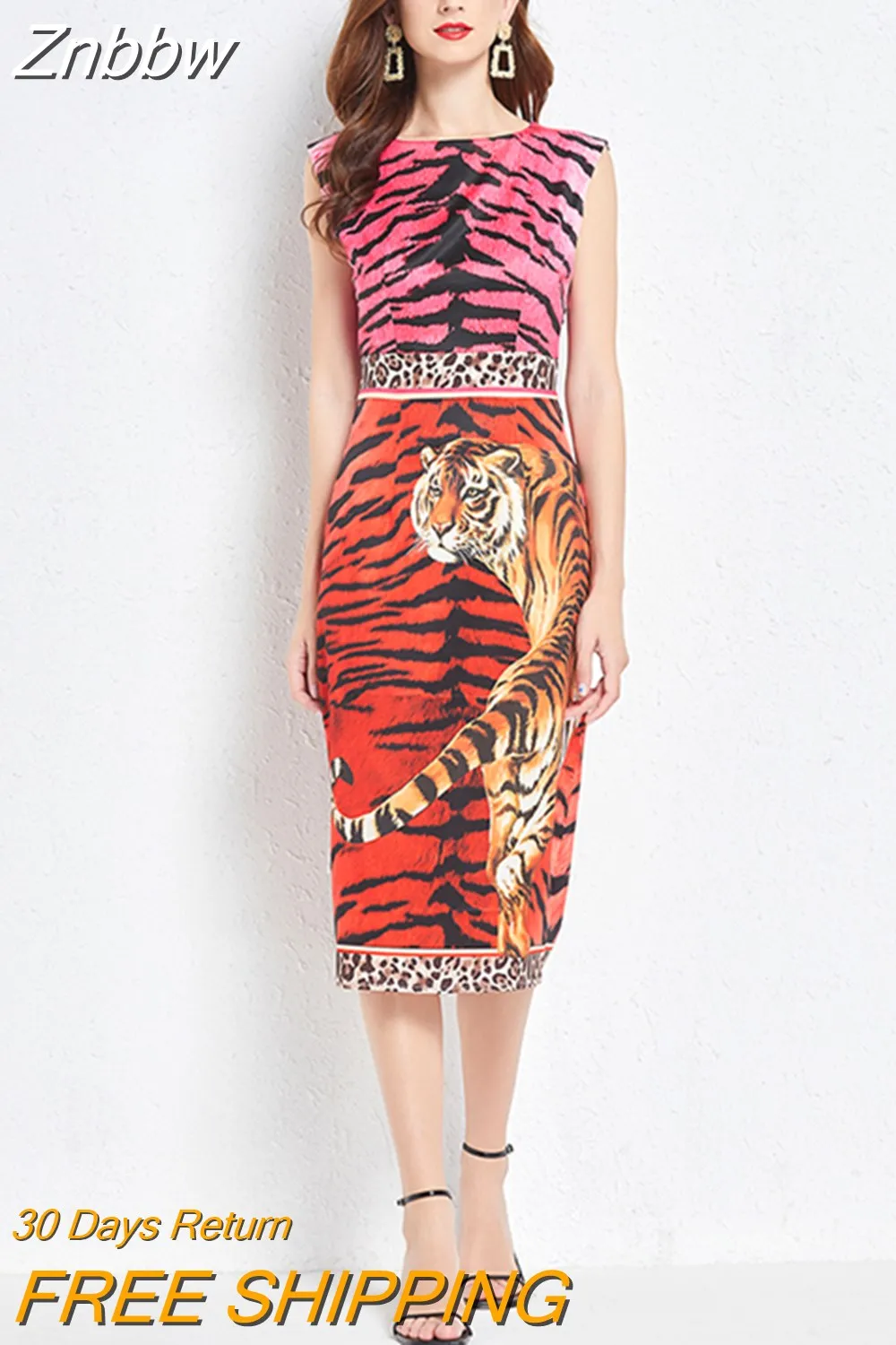 Znbbw Fashion Runway Summer Midi Dress Women Sleeveless Vintage Tiger leopard print Slim Party Bodycon Dress Vestidos N452