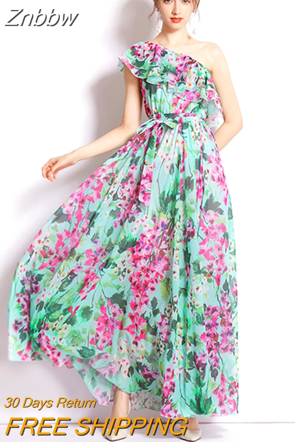 Znbbw Ruffles One Shoulder Holiday Bohemain Chiffon Dress Women Oblique Neck Floral Print Lace Up Belt Flowy Beach Dress N6885