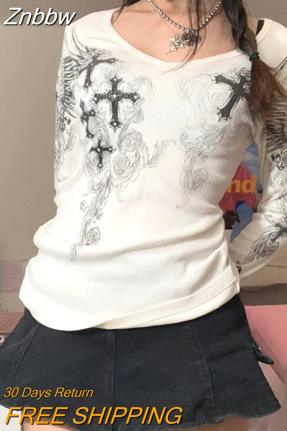 Znbbw y2k Crop Tops Ribbed Knitted Grunge Fairycore T Shirt White Frill Long Sleeve Pullover Kawaii Autumn Sweet Tee Women
