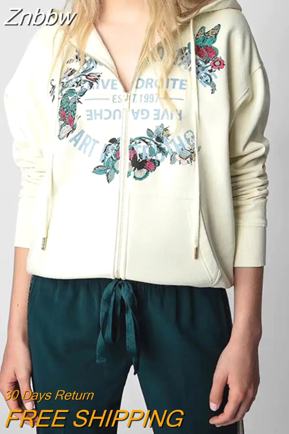 Znbbw Letter Embroidered Sweatshirts Women 2023 Spring Autumn Cardigan Hoodie Tops Female Casual Streetwear Hooded Sweatshirt