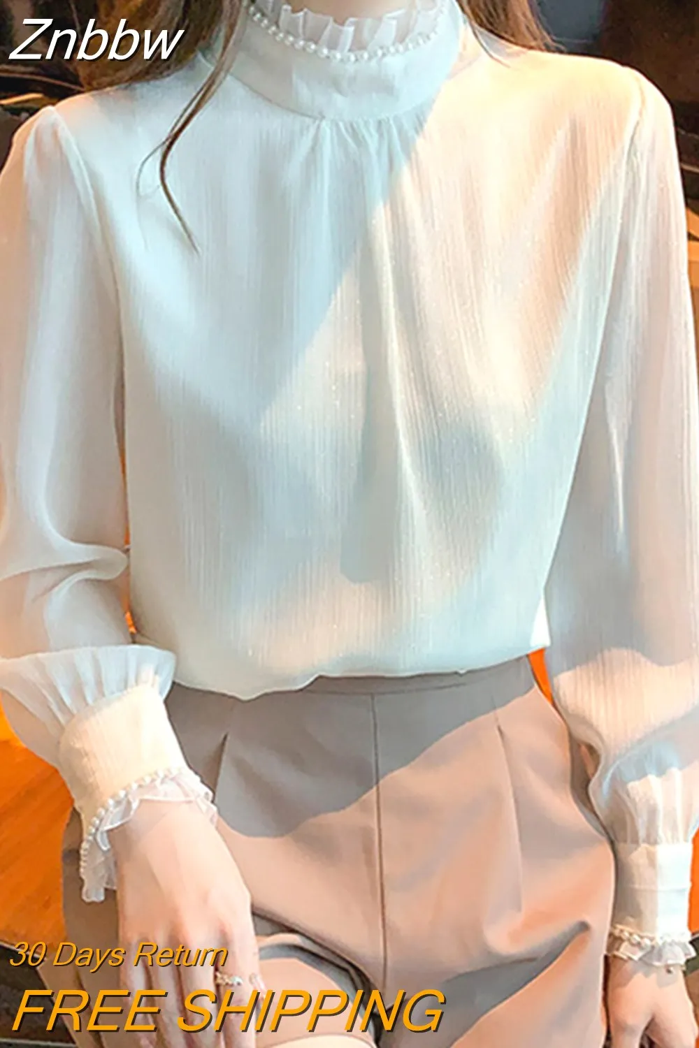 Znbbw Stand Collar Chiffon Blouse Shirt Long Sleeve Blouse Women Blusas Mujer De Moda 2023 Women Tops Blouses Femme Shirts E85