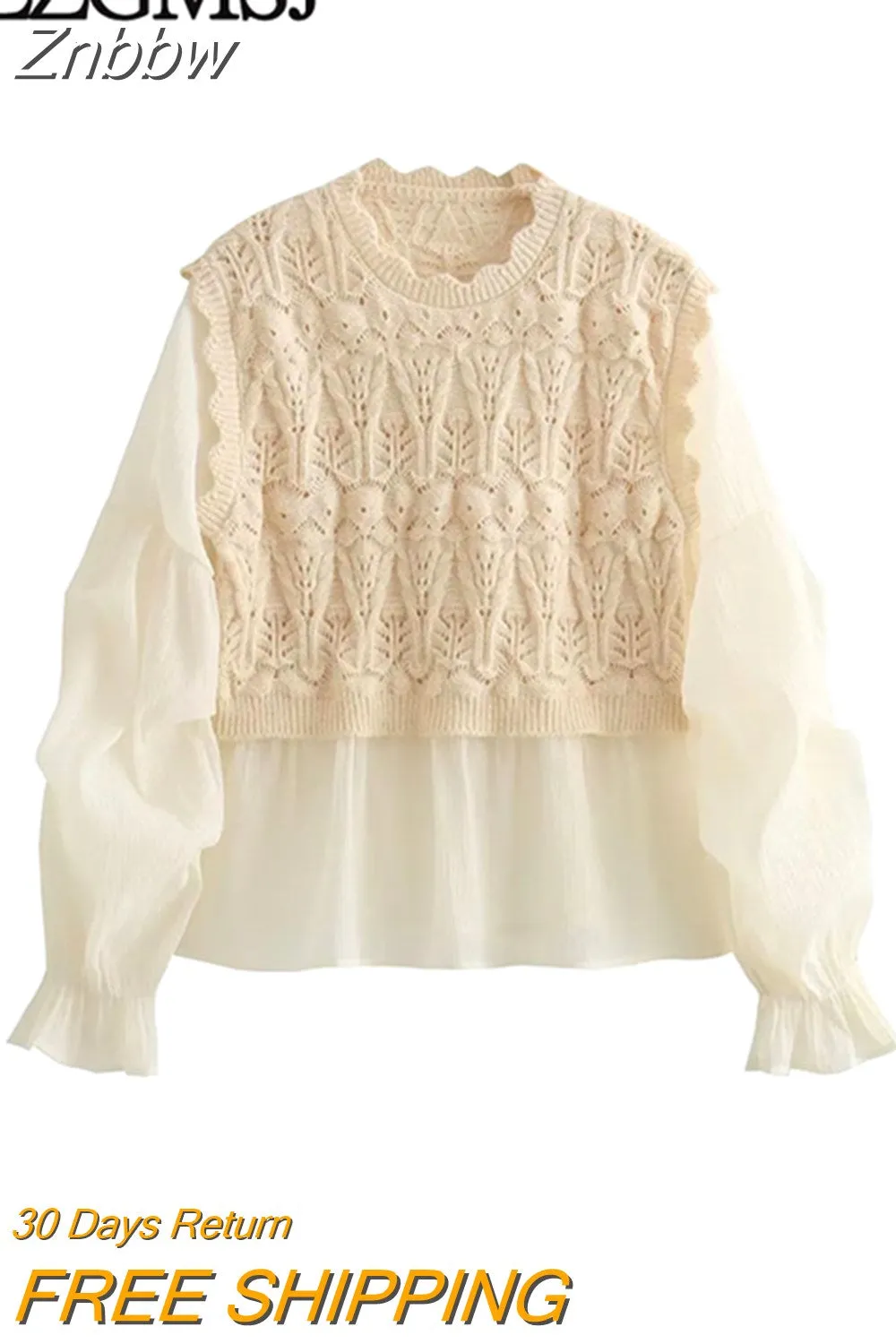 Znbbw TRAF Vintage Casual Chic Women Sweater Splice O-Neck Pullover Long Sleeve Knitted Sweater 2023 Autumn Holiday Sweater