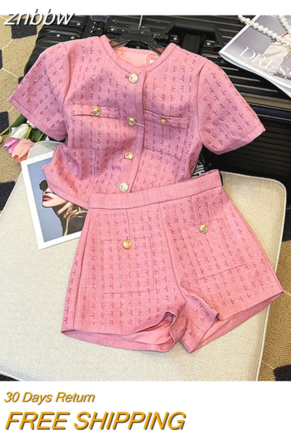 znbbw Summer Women Fashion Brand Short Sleeve Two Piece Sets Coat + Mini Short Casual Streetwear Pink Color Female Short Suits