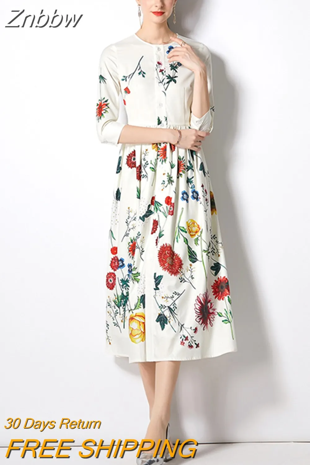 Znbbw Spring Summer Runway Vintage Floral Print O-Neck Long Sleeve Single Breasted Women Lady Party Casual A-Line Maxi Dress