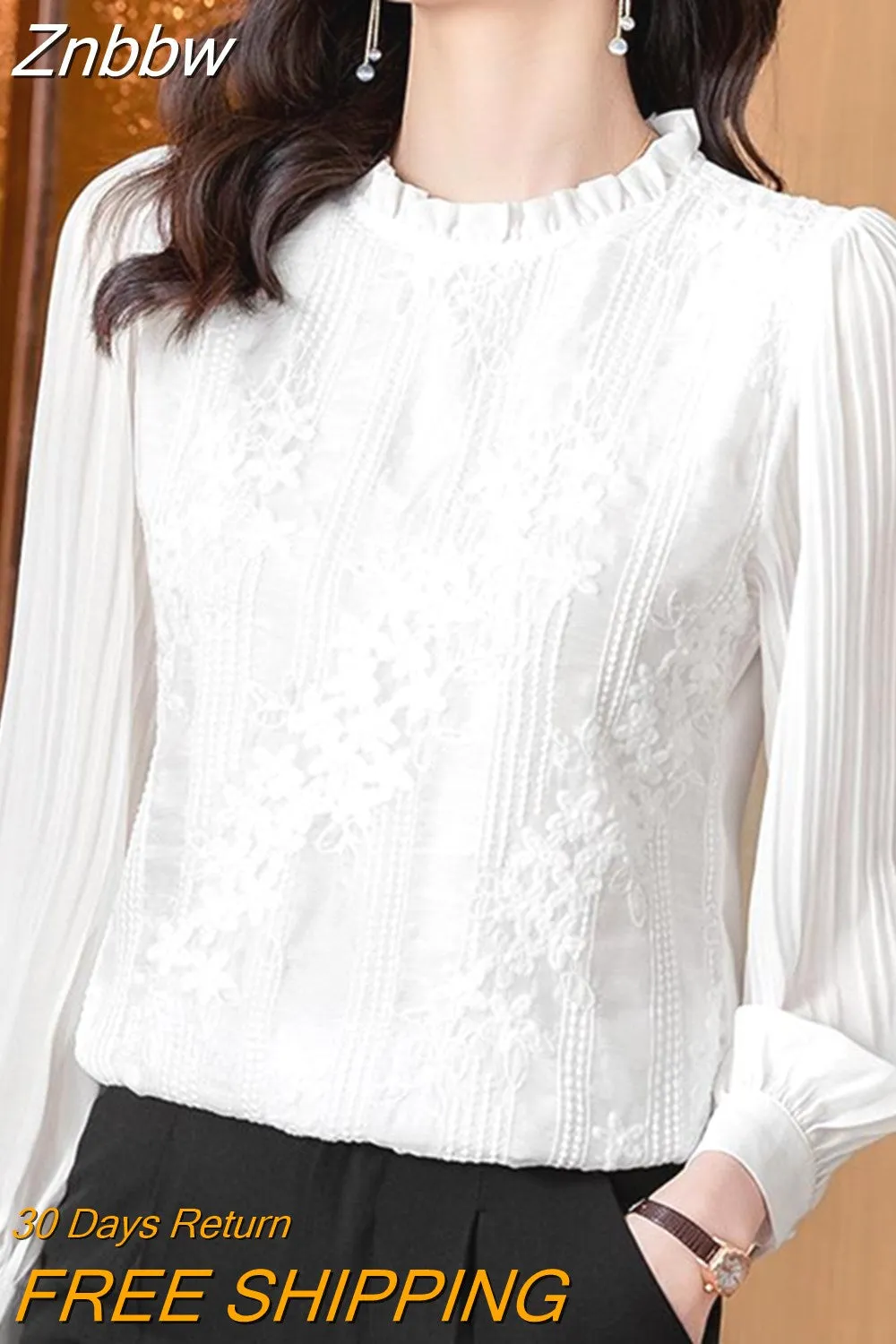 Znbbw Sleeve Blouse Women White Lace Chiffon Blouse Shirt Tops Women Blusas Mujer De Moda 2023 Blouses Shirts Blusa Camisas E159