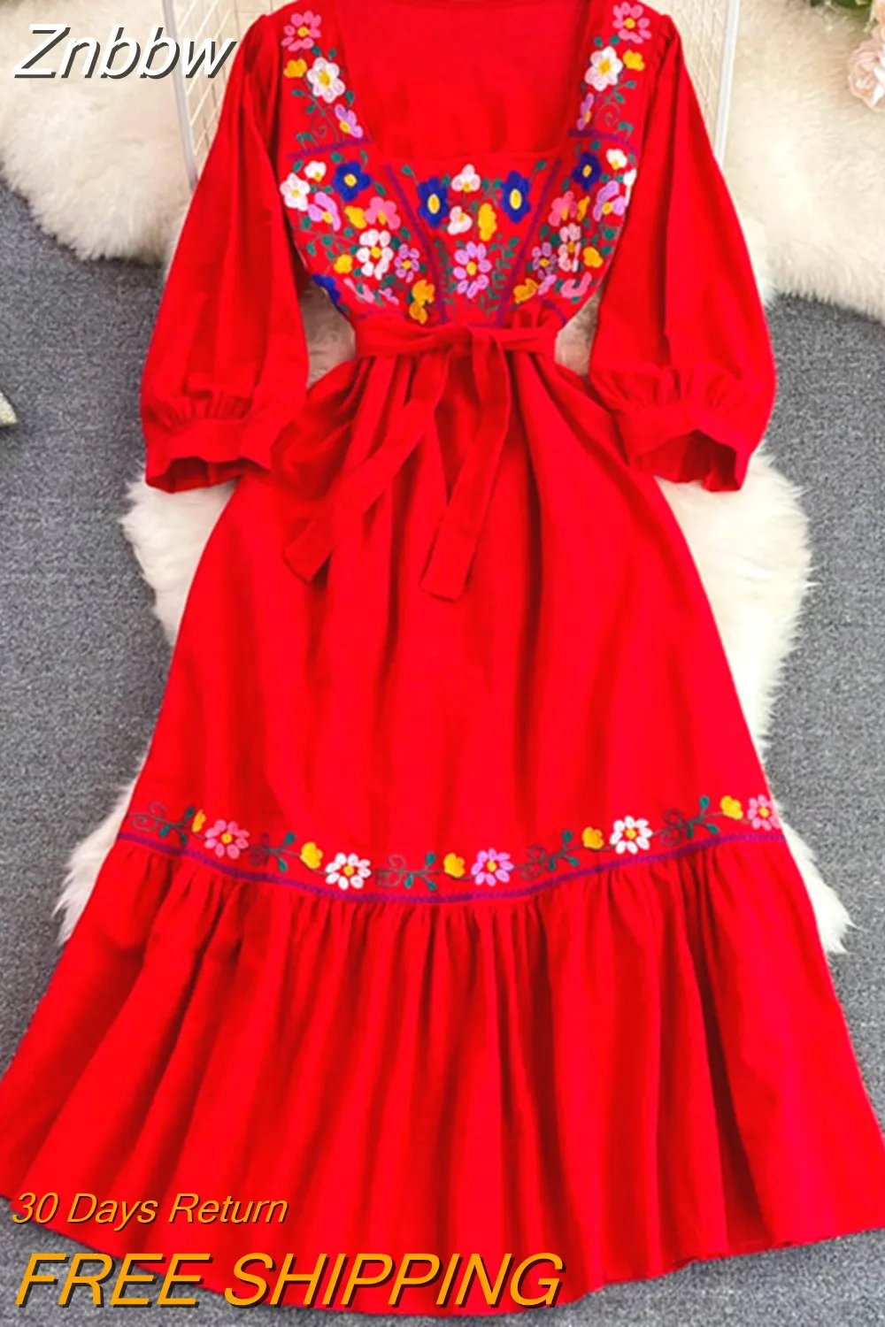 Znbbw Women Summer Dress Retro Bohemian National Style Square Collar Embroidery Seaside Holiday Big Hem Long Vestidos D2473