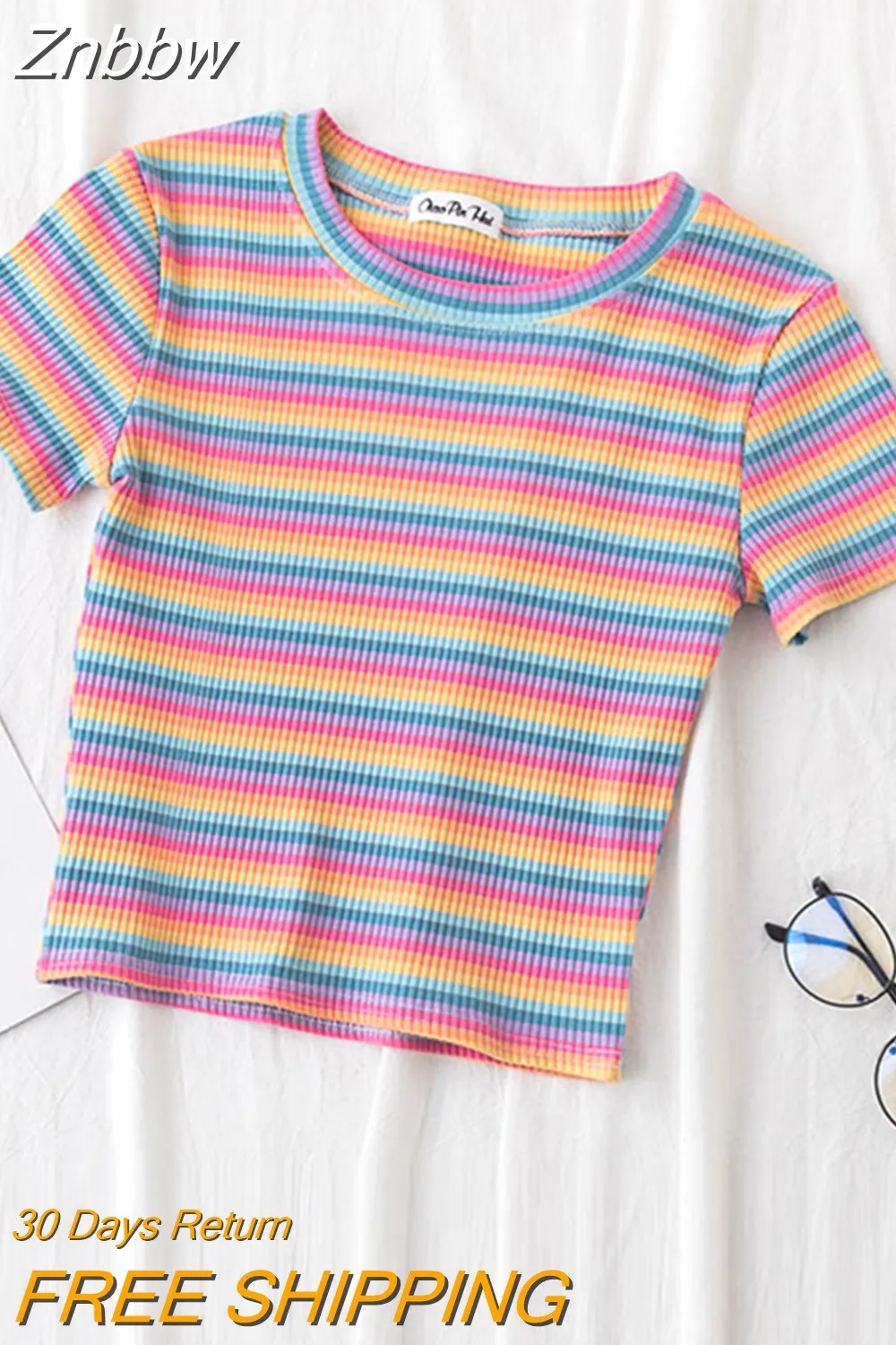 Znbbw T Shirt Women Rainbow Striped Tops Slim Fit t shirt Harajuku Tshirt Summer Short Sleeve Korean T-shirt feminina Clothes Tops