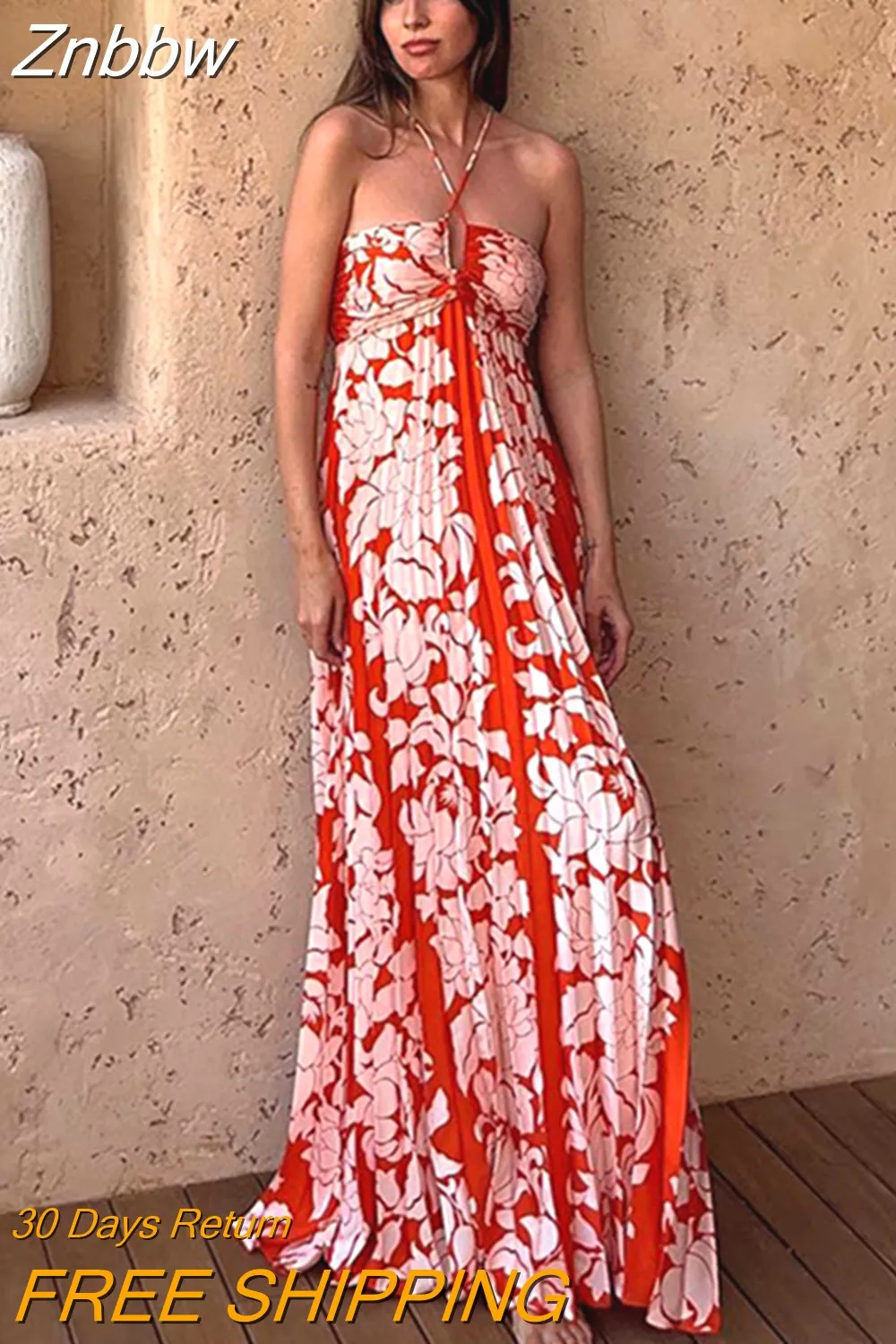 Znbbw Printed Pleated Halter Maxi Dress Women Sexy Sleeveless Backless Bandage Dresses 2023 Summer Lady Holiday Vestidos