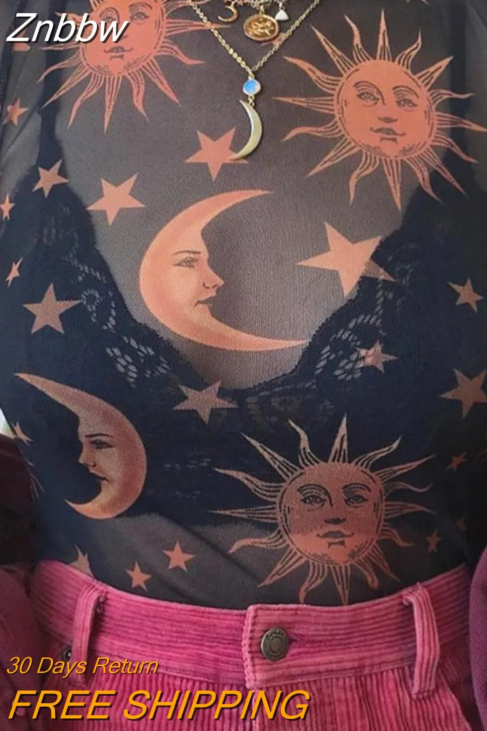 Znbbw Moon Printed Transparent Mesh Sexy T-Shirt Women O-Neck Long Sleeve Slim Basic Casual Female Tops 2023 Spring New