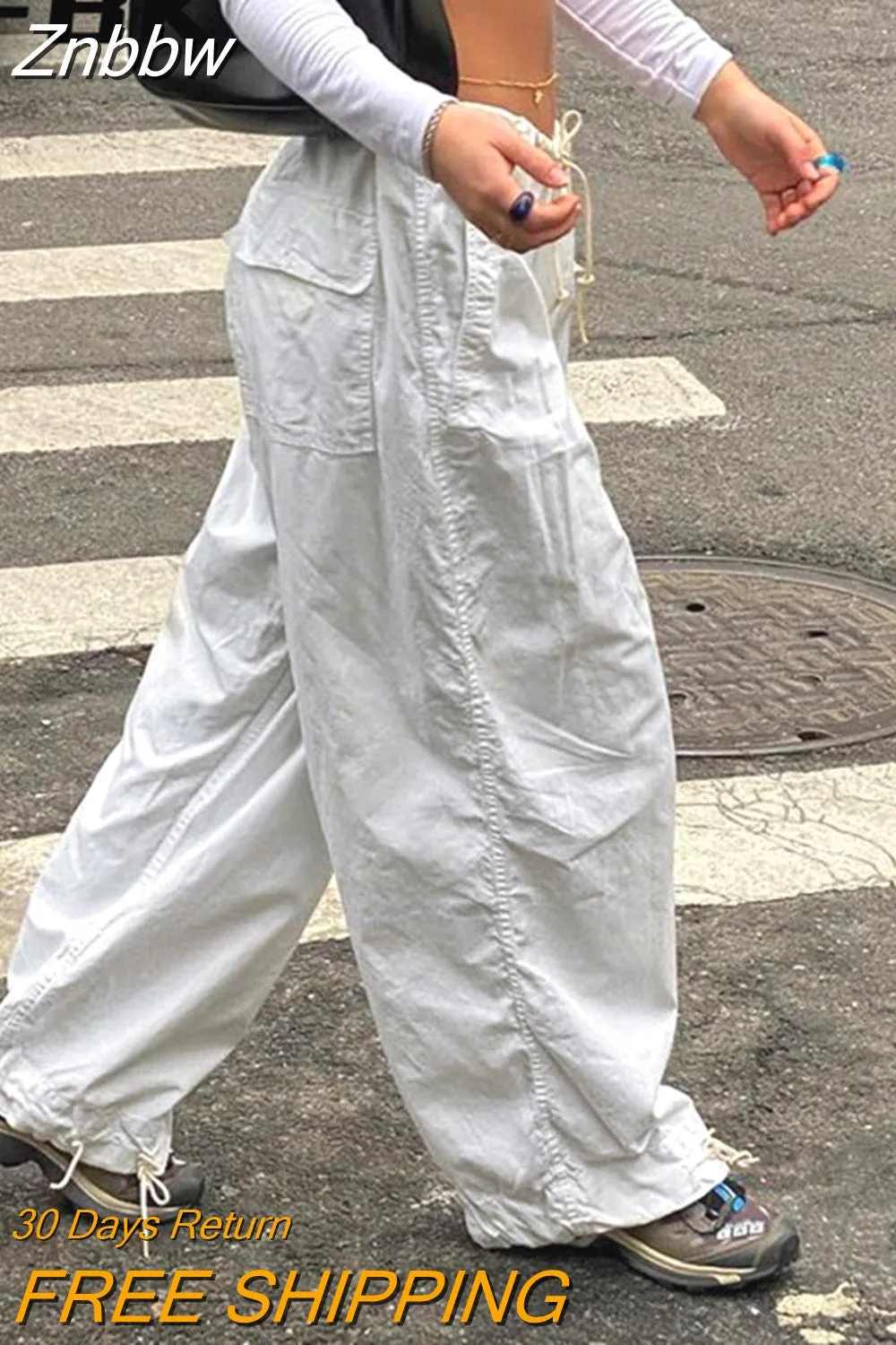 Znbbw Women Baggy Hippie Trousers Loose White Low Waist Wide Leg Sweatpants Streetwear Vintage Drawstring 2023 Fashion Y2K Cargo Pants