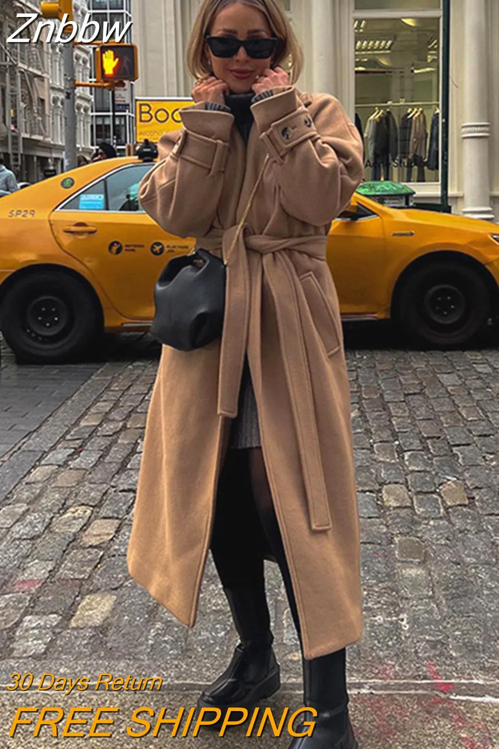 Znbbw Lapel With Belt Overcoat Women Elegant Long Sleeve Pocket Jacket Spring And Autumn Ladies Casual Warm Long Coat