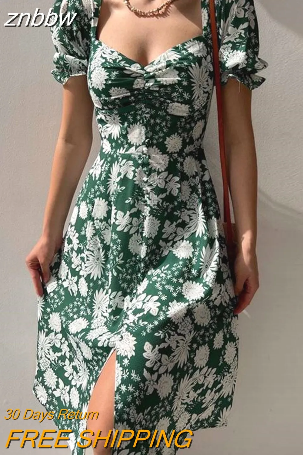 znbbw Summer Elegant Slim Folds Mid Dress Women Fashion Floral Print Beach Dress 2023 Women Sexy Puff Sleeve V-Neck Party Dress