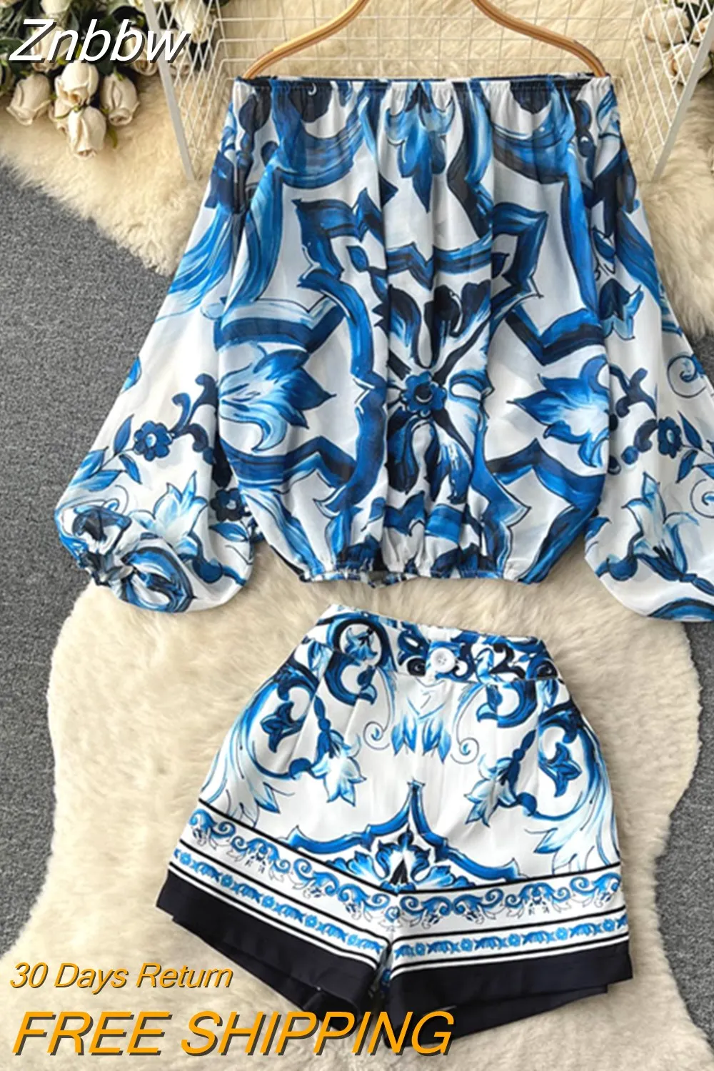 Znbbw Summer Blue and White Porcelain Print Off Shoulder Blouse Tops + High Waist Shorts Suit Runway 2 Pieces Set for Women