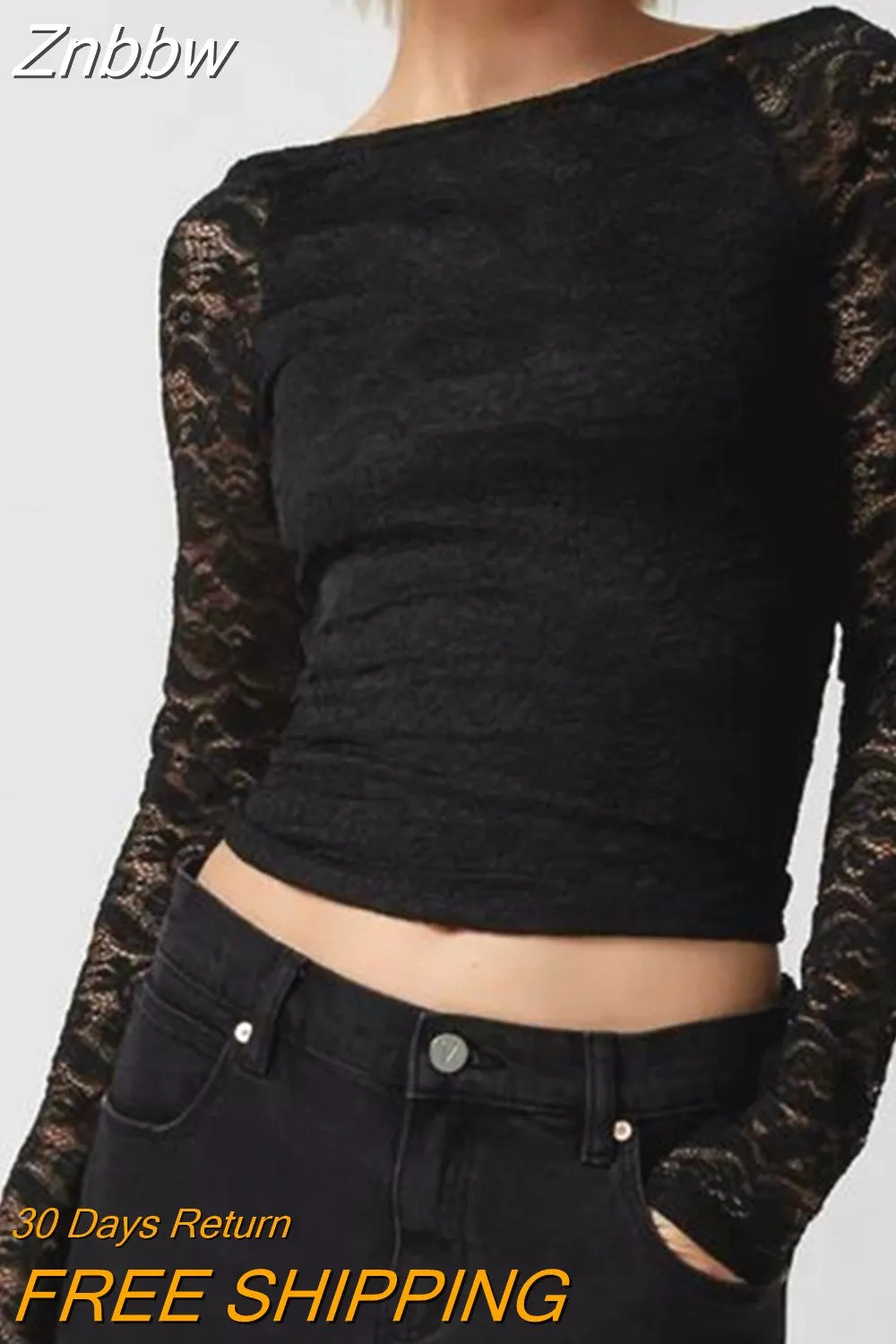 Znbbw Fairy Coquette Floral Lace Sheer T-shirt Sexy Women Mesh Patchwork Crop Tops 90s Vintage Long Sleeve Black Tee Kawaii Tees