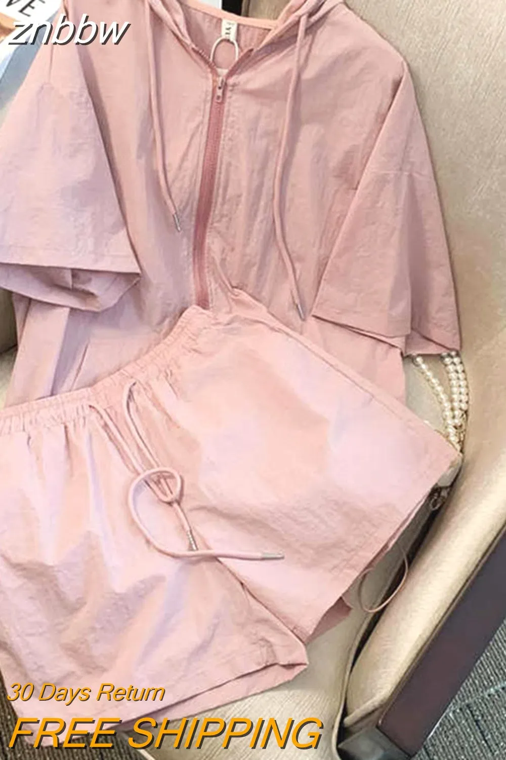 znbbw Shorts Suit hooded Collar Short Ssleeve Zipper Hoodie Top +Hight waist Casual Wide Leg Shorts Two-piece Set 2023 Summer