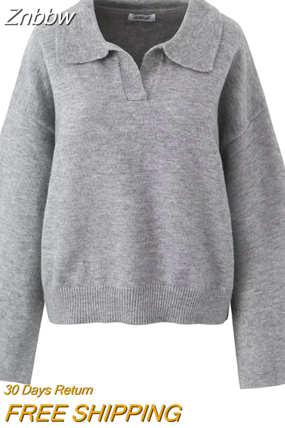 Znbbw TRAF Women Large Turn-Down Collar Knitted Sweater Slit Cuffs Autumn Winter Ladies V-Neck Loose Knitted Sweater Tops