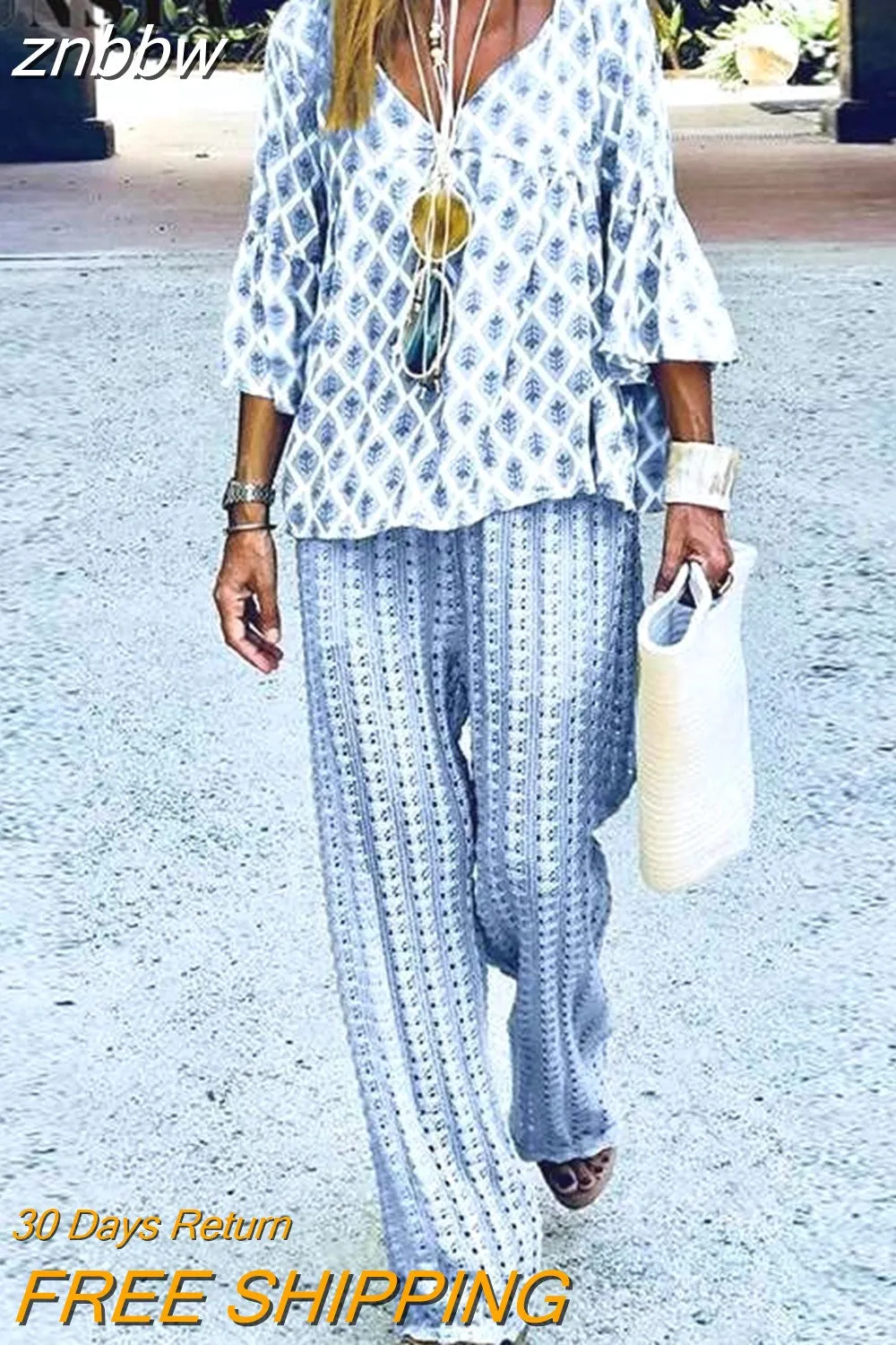 znbbw Clothing 2 Piece Sets Fashion Streetwear Print V-Neck Long Sleeve Trousers Outfits Women Casual Retro Printed Loose Suits