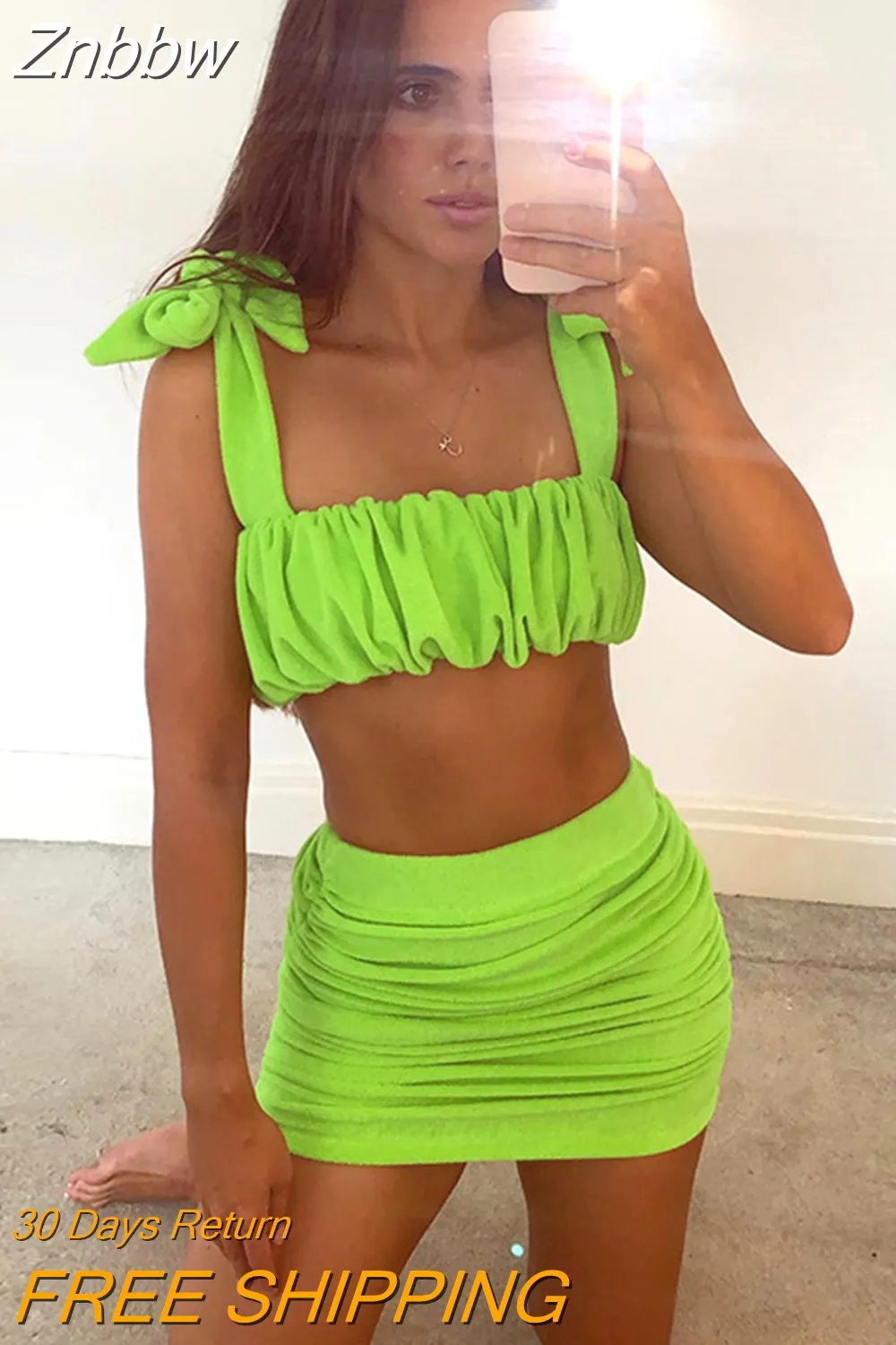 Znbbw Women's Outfits Skirt Suit Solid Color Pleated Double Sides Strap Sling Slim Vest + High Waist Skirt Simple Two-piece Set
