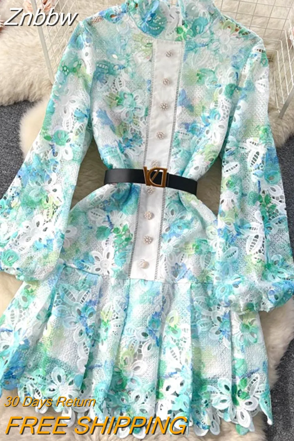 Znbbw Women Fashion Dress Emboridery Hollow Out Lace Patchwork Stand Collar Long Sleeve Spring Autumn Slim Fit Mini Dress For Lady