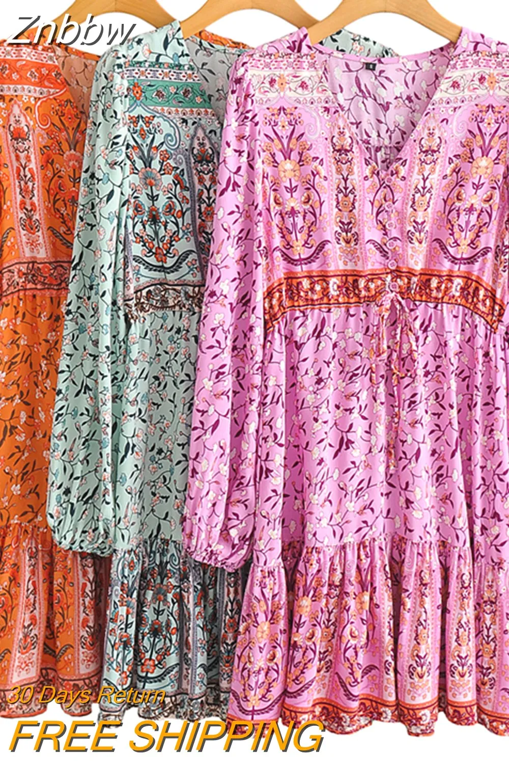 Znbbw Women Long Sleeve V Neck High Waist Lace Up Evening Party Elegant Mini Dress Boho Floral Print Loose Holiday Casual Beach Dress