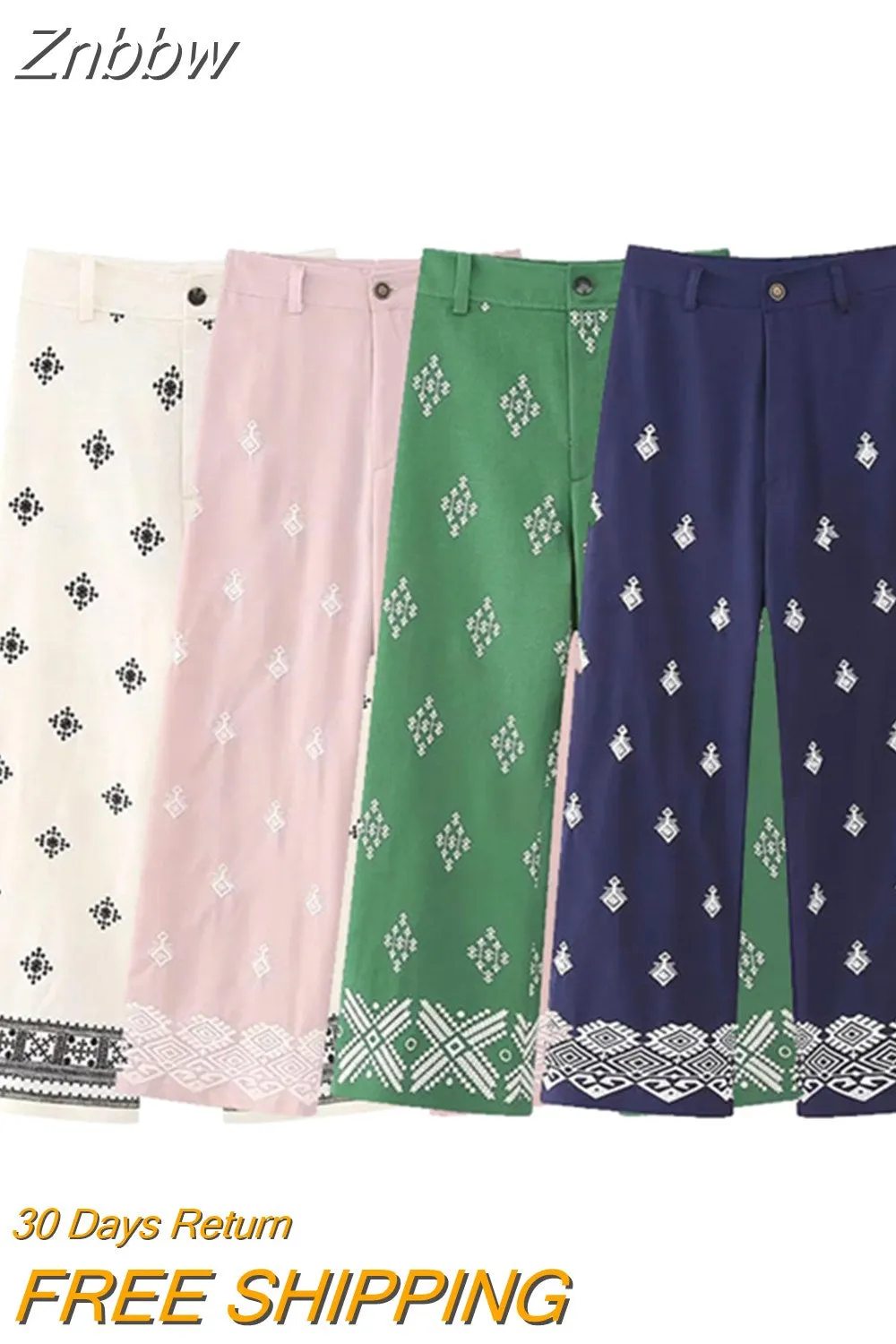 Znbbw TRAF Green Chic Women Pants 2023 Embroidery Loose Full Length Ladies Trousers Casual High Waist Wide Pants For Female