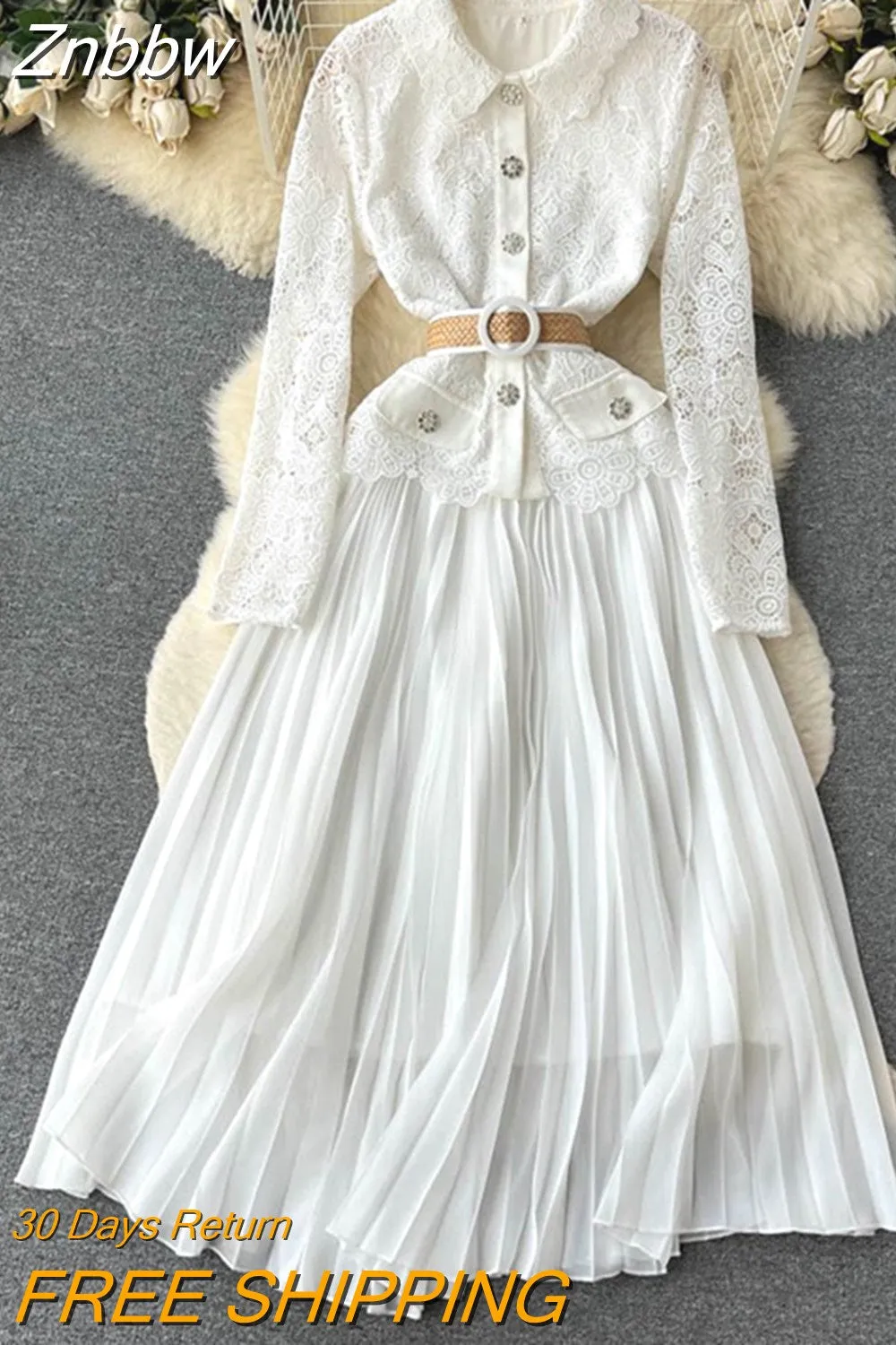 Znbbw Party Lace Elegant White Dress Women Office Long Sleeves Hollow Out Pleated Dresses A-line Belt Patchwork Maxi Vestidos