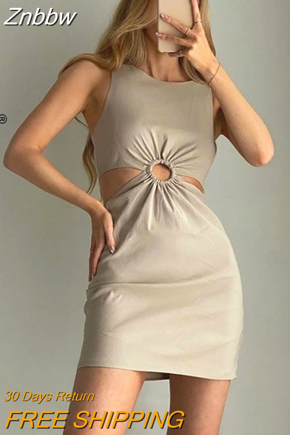 Znbbw ZBZA Dress For Woman 2023 Hollow Out Solid A-line Sleeveless Dresses Causal O-Neck Dresses Woman Mini Bodycon Dress