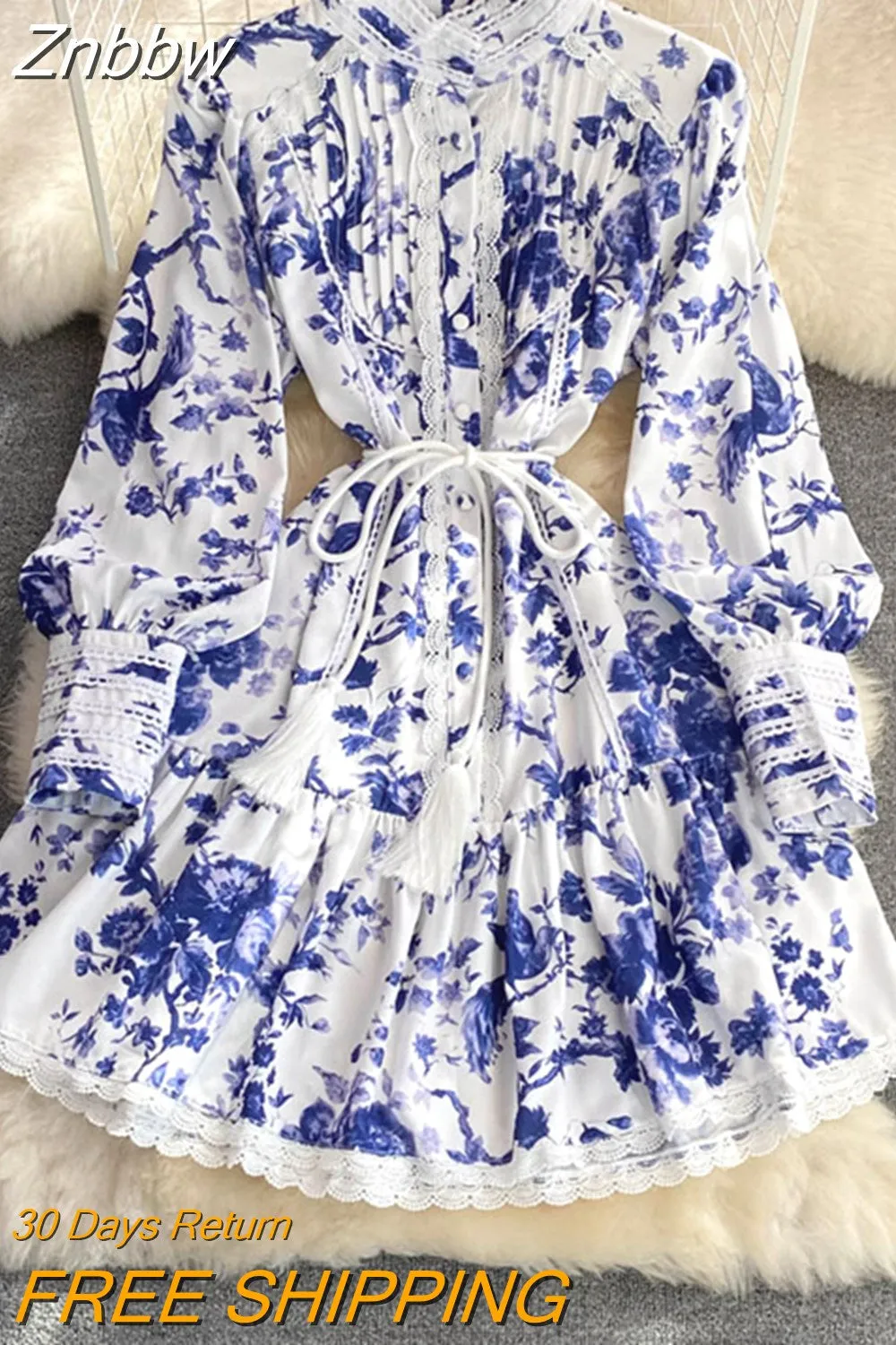 Znbbw Casual Patchwork Ruffles Sashes Slim Mini Dress Female Stand Collar Lantern Sleeve High Waist Blue Floral Dress N3980