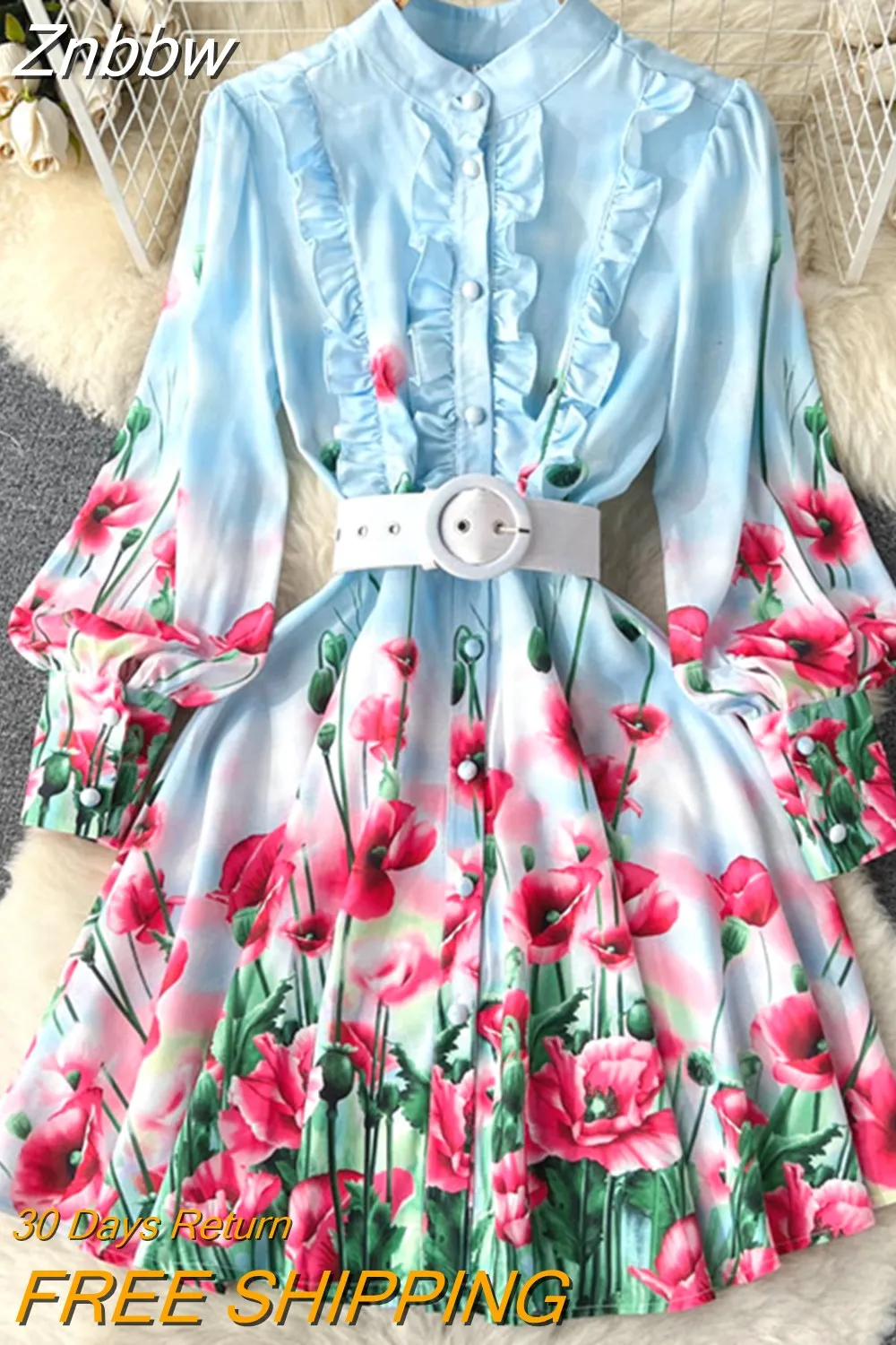 Znbbw Elegant Gradien Short Dress Women's Linen Stand Long Lantern Sleeve Flower Print Ruffles Buttons Sashes Mini Vestidos