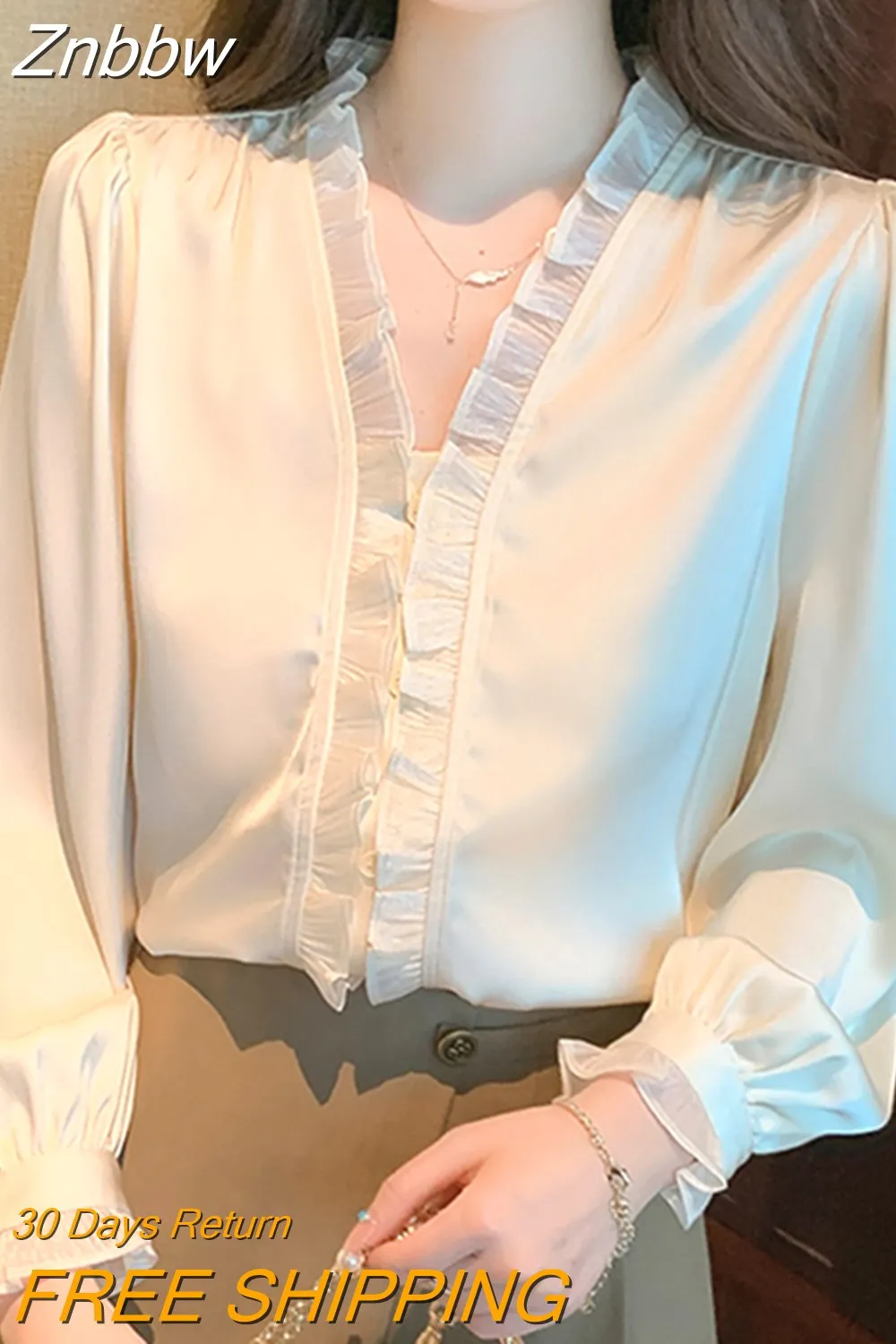 Znbbw Sleeve Blouse Women Blusas Mujer De Moda 2023 Ruffles V-Neck Apricot White Chiffon Blouse Shirt Women Tops Blouses G363