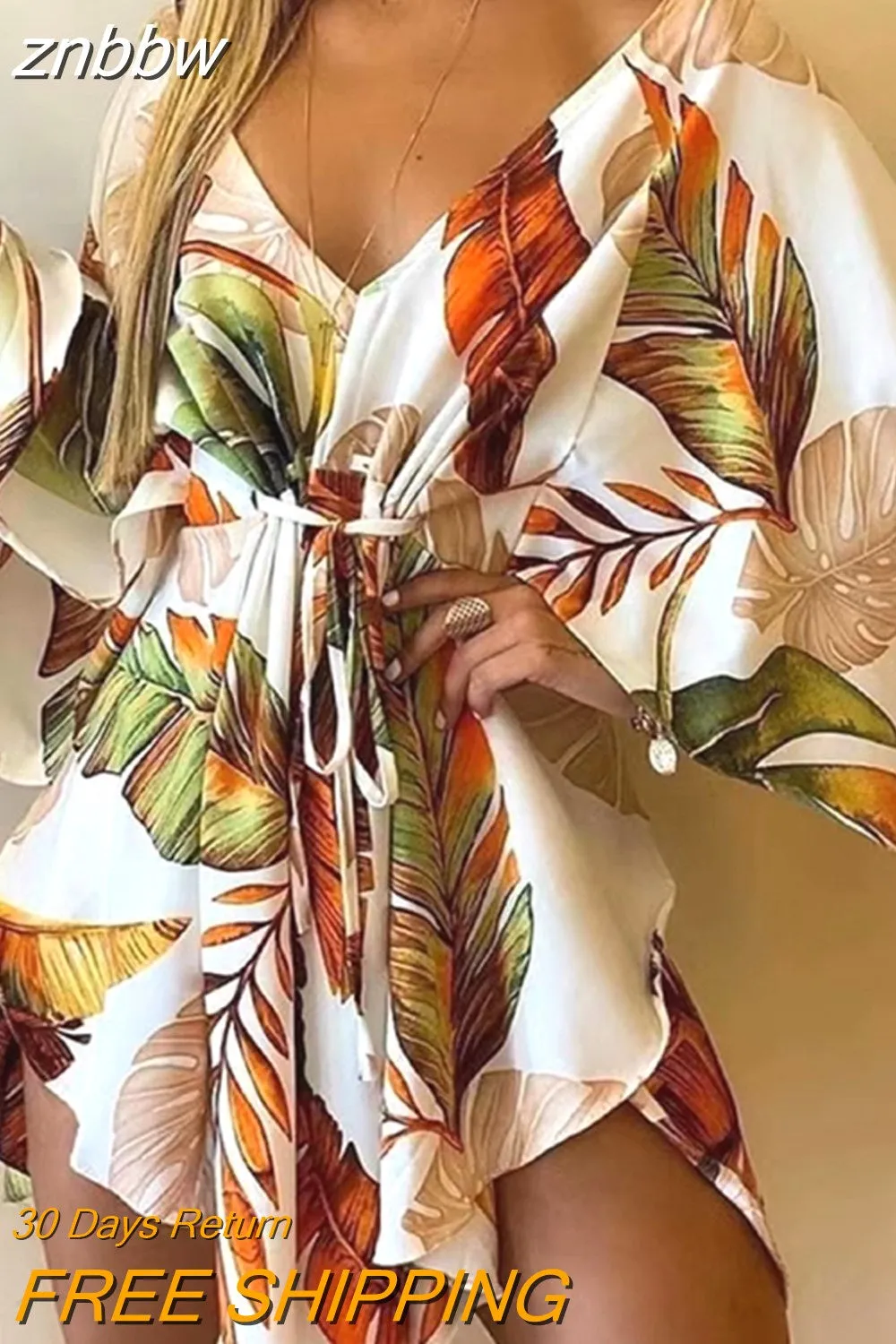znbbw New Summer Beach Elegant Women Dresses Sexy V Neck Lace-up Floral Print Mini Dress Casual Flared Sleeves Ladies Party Dress