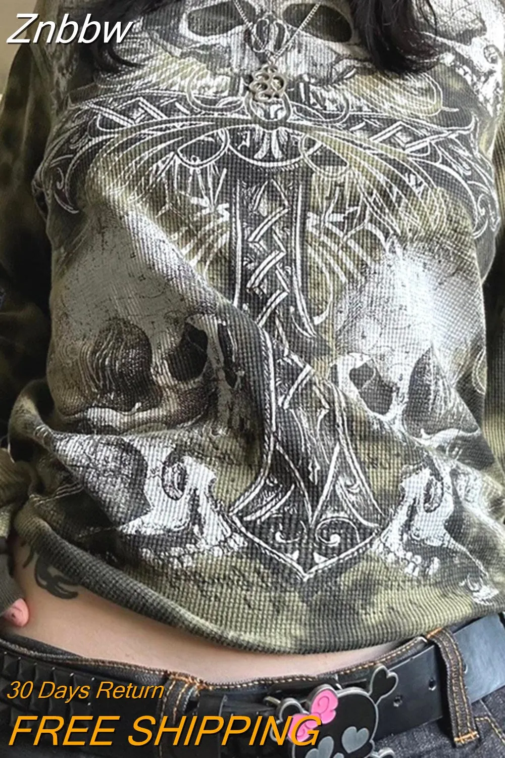 Znbbw Gothic Grunge Cross Skull Print T-shirt for Women Fall Long Sleeve 90s E Girl Vintage Mall Goth Pullovers Emo Alt Tops