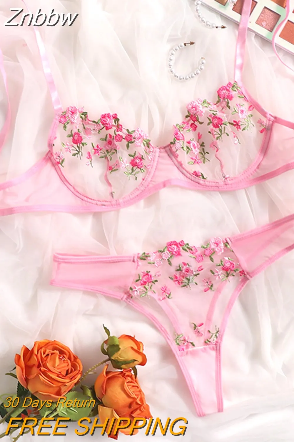 Znbbw Lingerie Sexy Floral Embroidery Underwear Transparent Lace Short Skin Care Kits Delicate Fairy Set Woman 2 Pieces