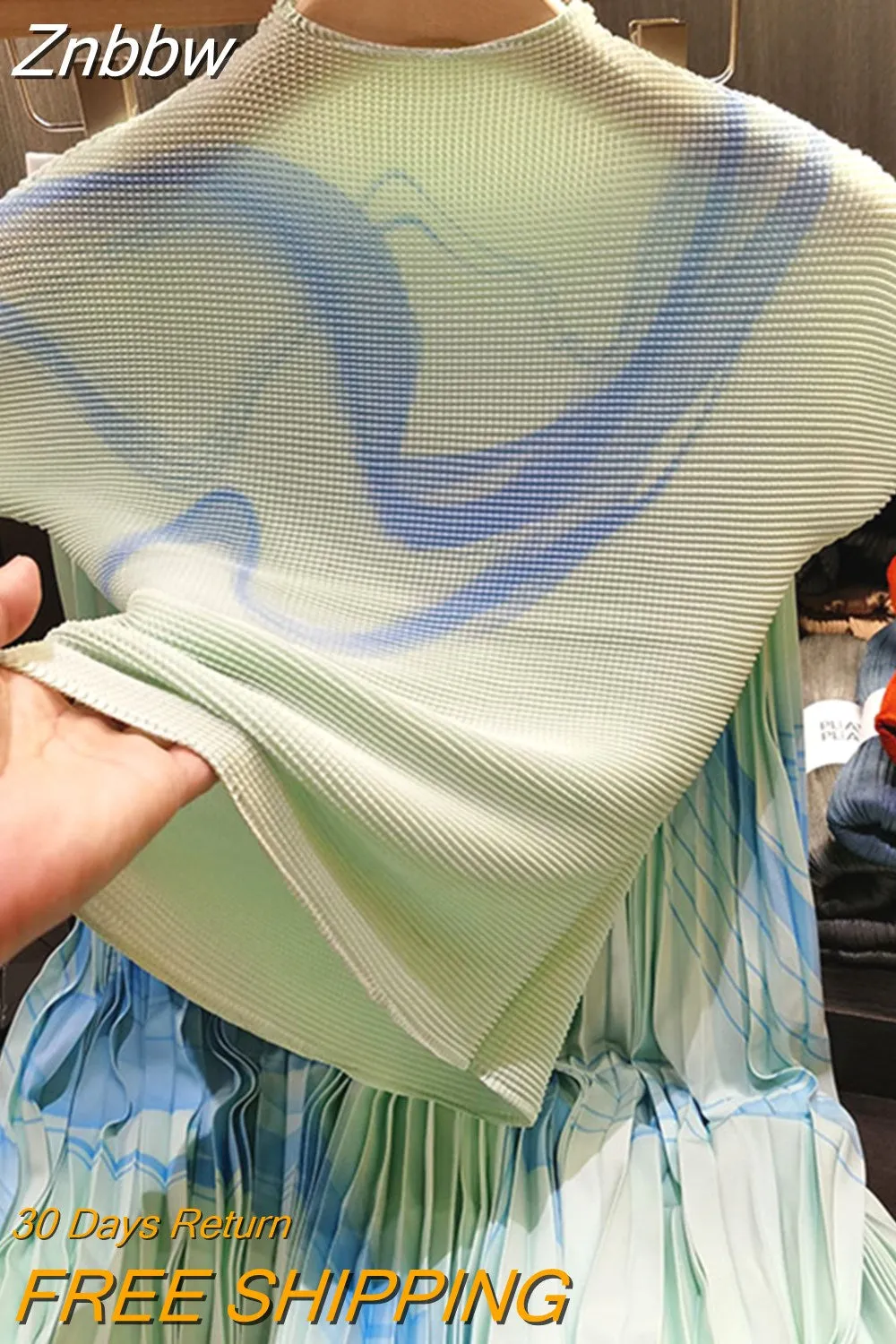 Znbbw Pleated Suit Women's 2023 Spring Summer New Fashion Printing All-match Loose And Elegant Slim Top&Skirt 2 Pcs Set