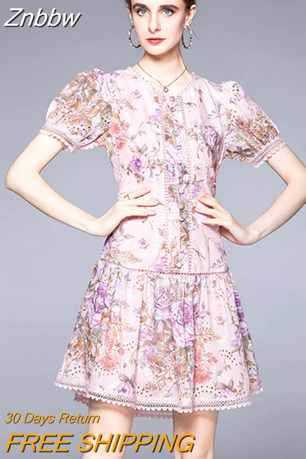 Znbbw Summer Fashion Embroidery Hollow Out Mini Dress Women O-Neck Elegant Puff Sleeve Floral Print Party Vestidos N8370