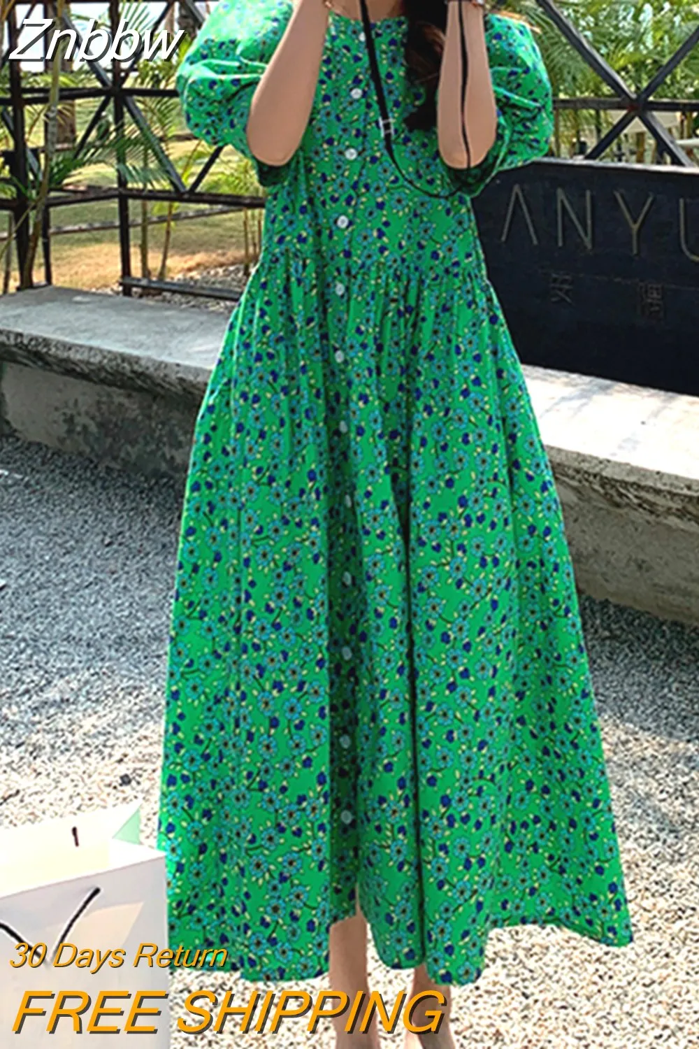Znbbw Casual Vestidos Floral Dresses Ladies Short Sleeve Retro Print Long Dress Female 2023 M-4XL Loose Green Women Dress 15686