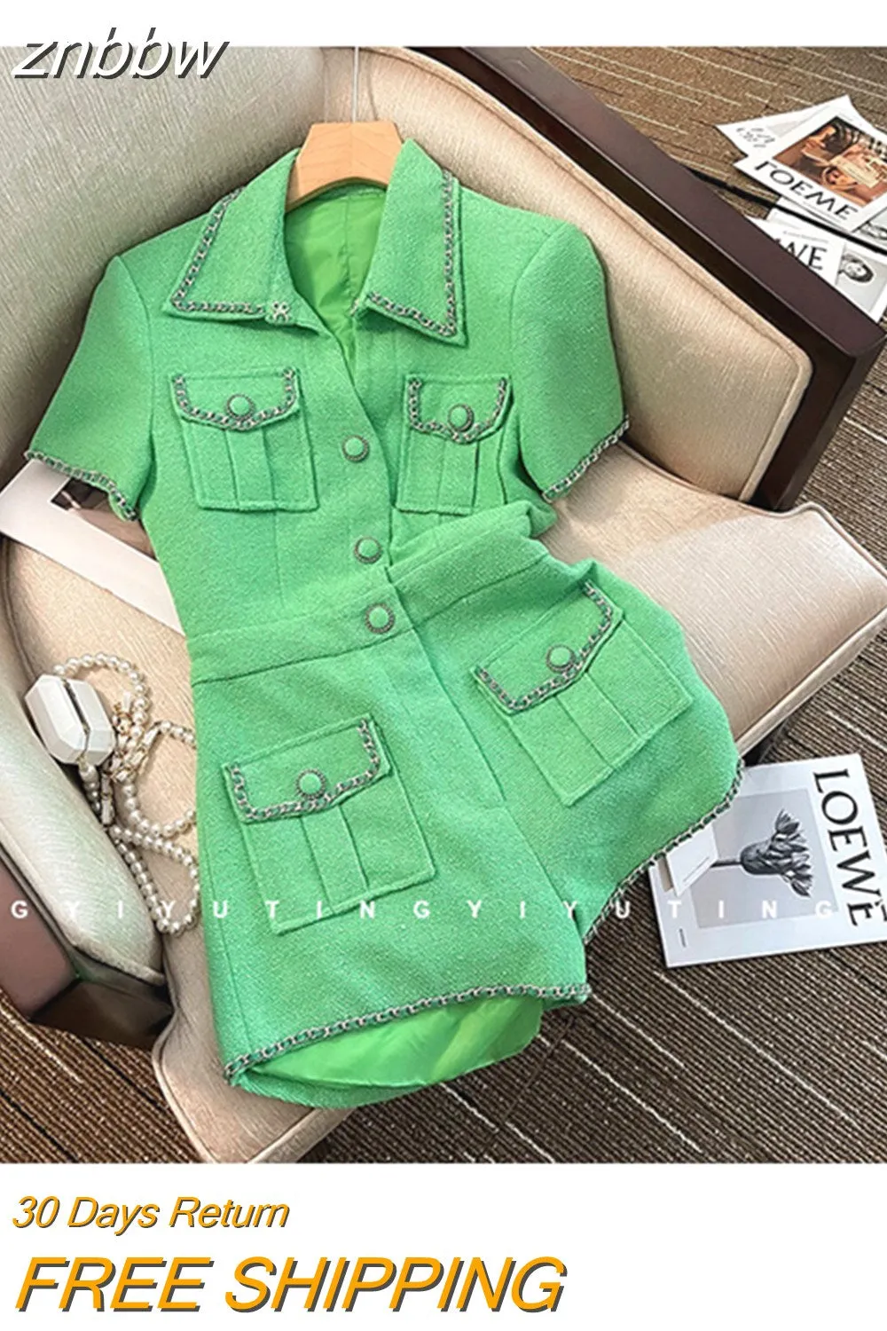 znbbw Summer Vintage Short Sleeve Turn-Down Collar Green Jumpsuits Women's Elegant High Waist Patchwork Single Breasted Rompers