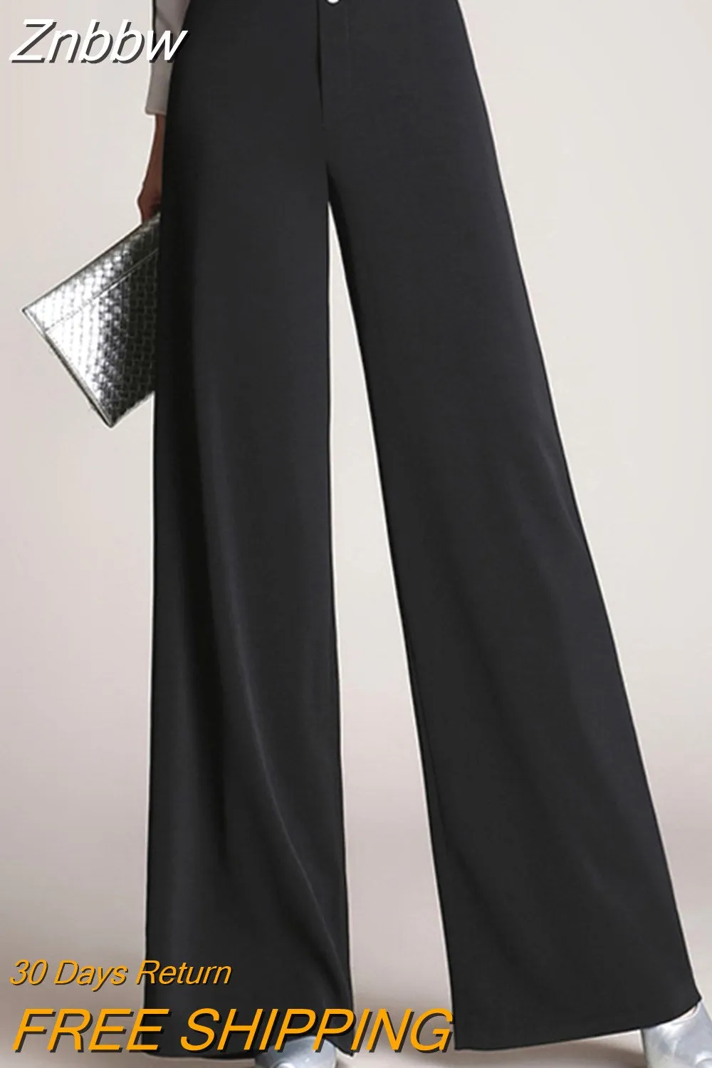 Znbbw Loose Women Wide Leg Pants Long Trousers Elegant High Waist Casual Pants Black Navy Elegant Straight Flat Office Pants
