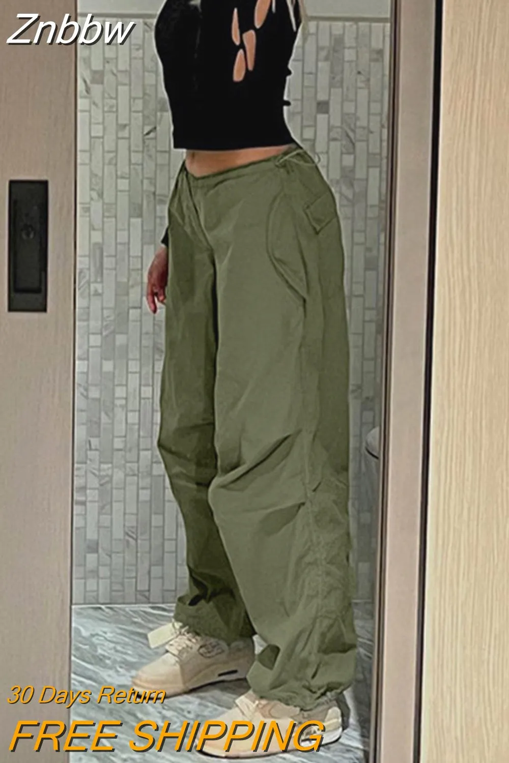 Znbbw Women Casual Baggy Cargo Pants Solid Low Waist Loose Streetwear Joggers Drawstring Y2K Chic Wide Leg Sweatpants Hippie Trousers