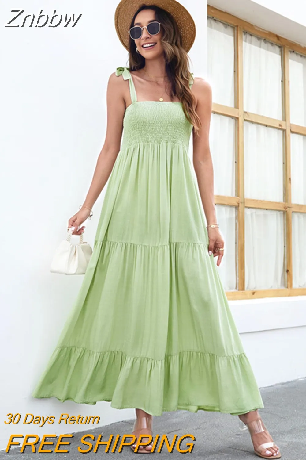 Znbbw Dresses For Women 2023 Summer Casual Solid Maxi Dress Frill Slash Neck Sleeveless Strap Tie Ruffle Hem Holiday Beach Dress