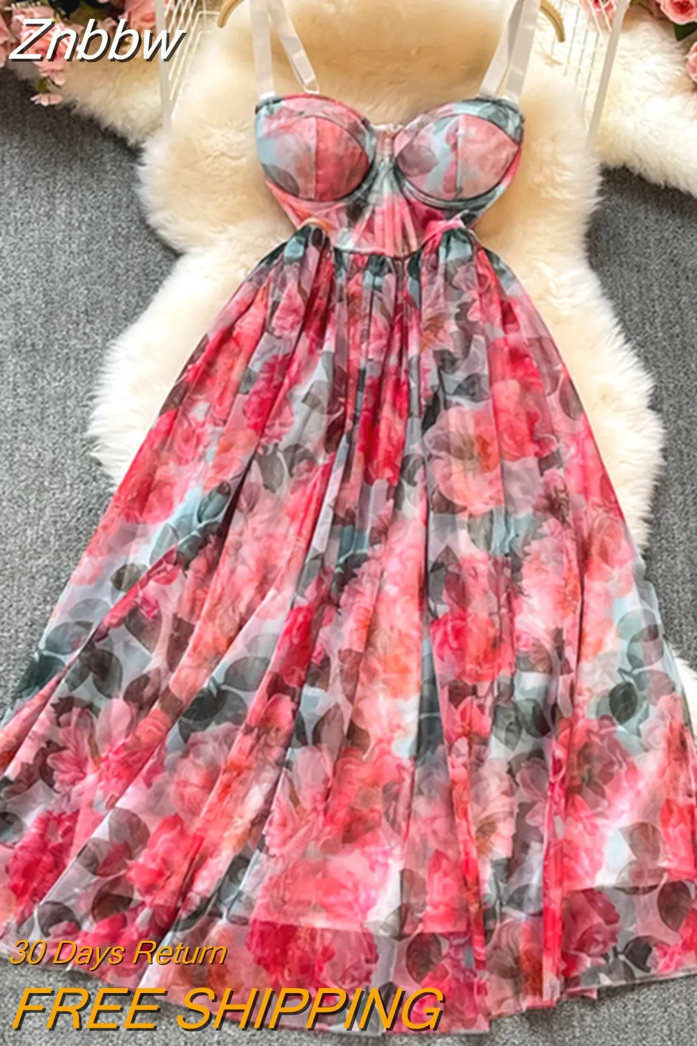 Znbbw Luxury Designer Summer Strapless Padding Party Dinner Dress Women's Off Shoulder High Waist Floral Print Mesh Vestidos