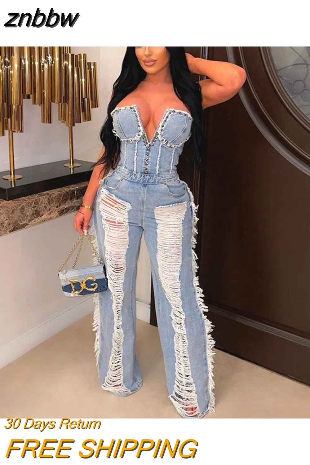 znbbw Summer Sexy Fashion Jumpsuit Club Outfit For Women 2023 Strapless Hollow Holes Sto Denim Jumpsuite Women Mujer