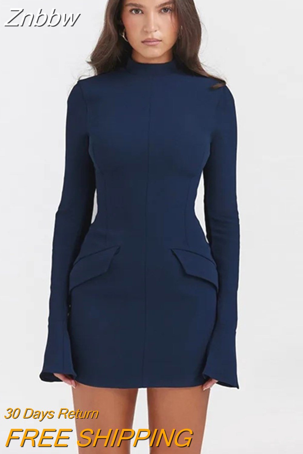 Znbbw Dark Blue Solid High Waist Mini Dress Women Fashion Pocket decora Long Sleeve Bodycon Dresses 2023 Chic Party Club Robes