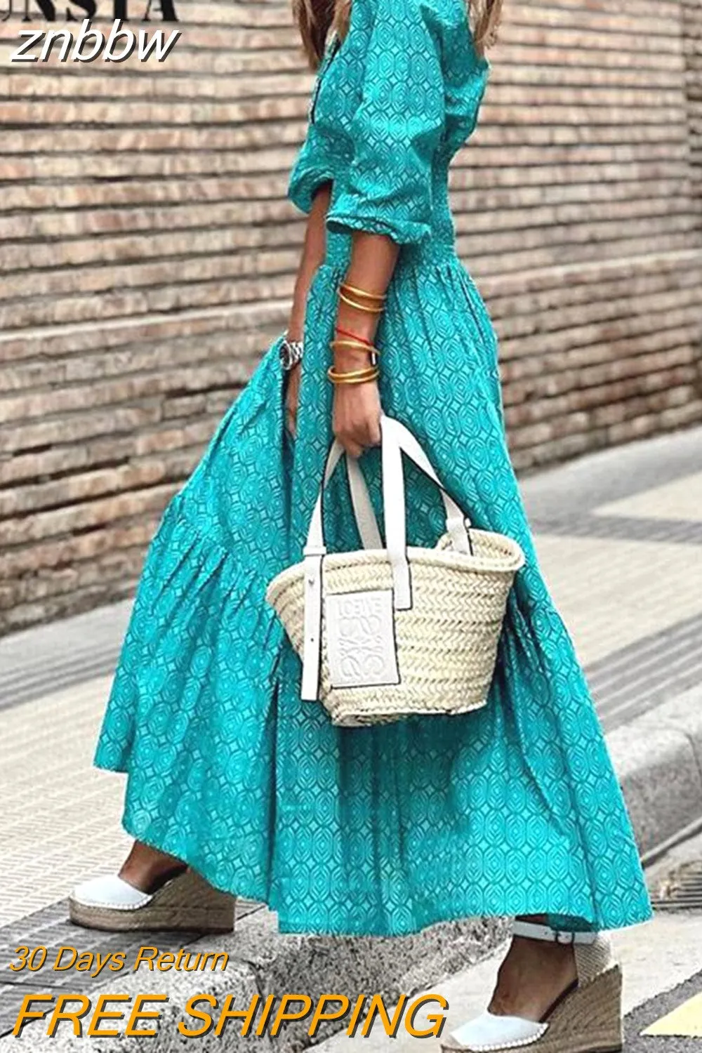 znbbw Women Elegant Printed Party Dresses New Spring Ladies Lake Blue Boho Long Dress Casual Temperament Crease High Waist Shirt Dress